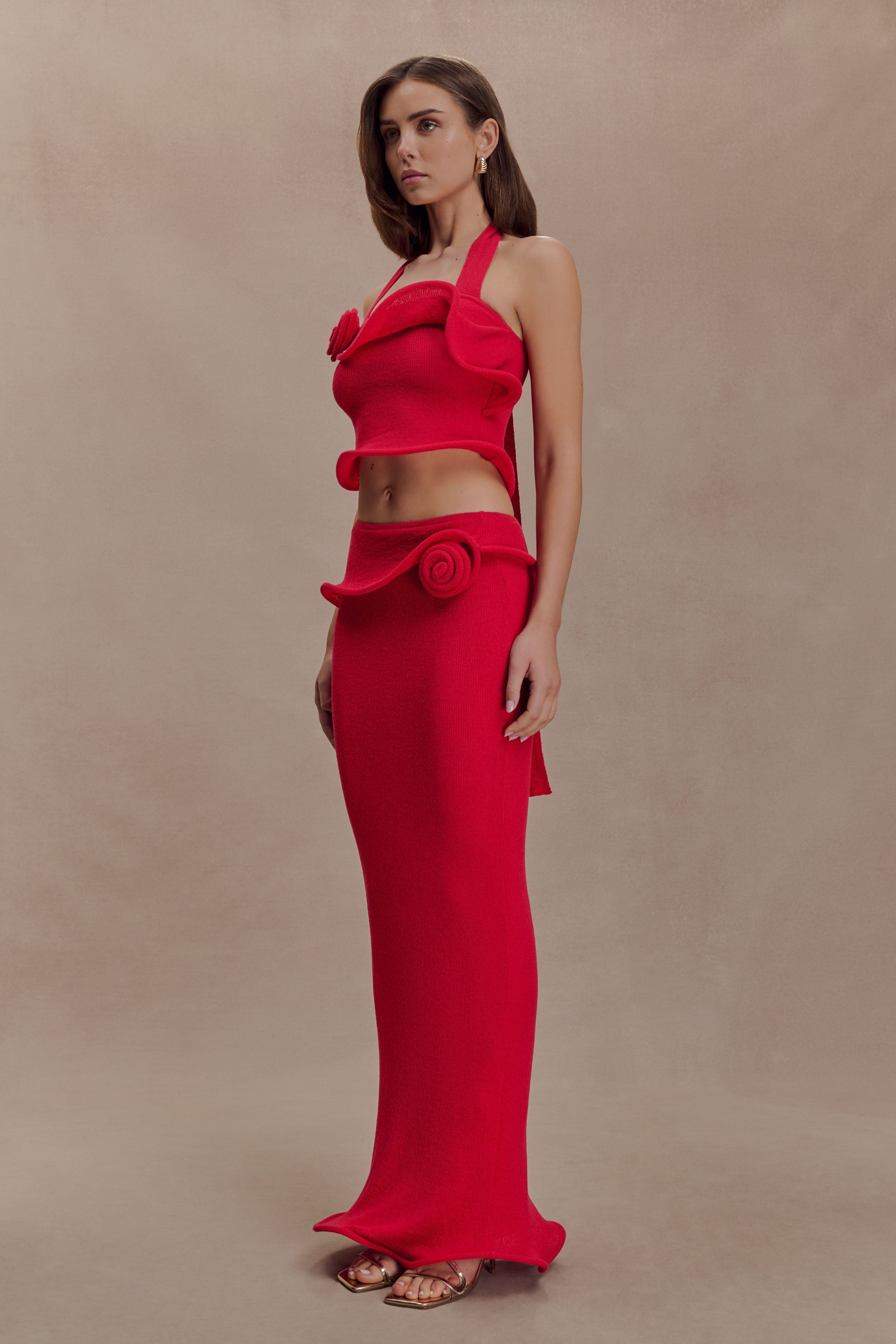 Samira Halter Knit Twist Top - Red