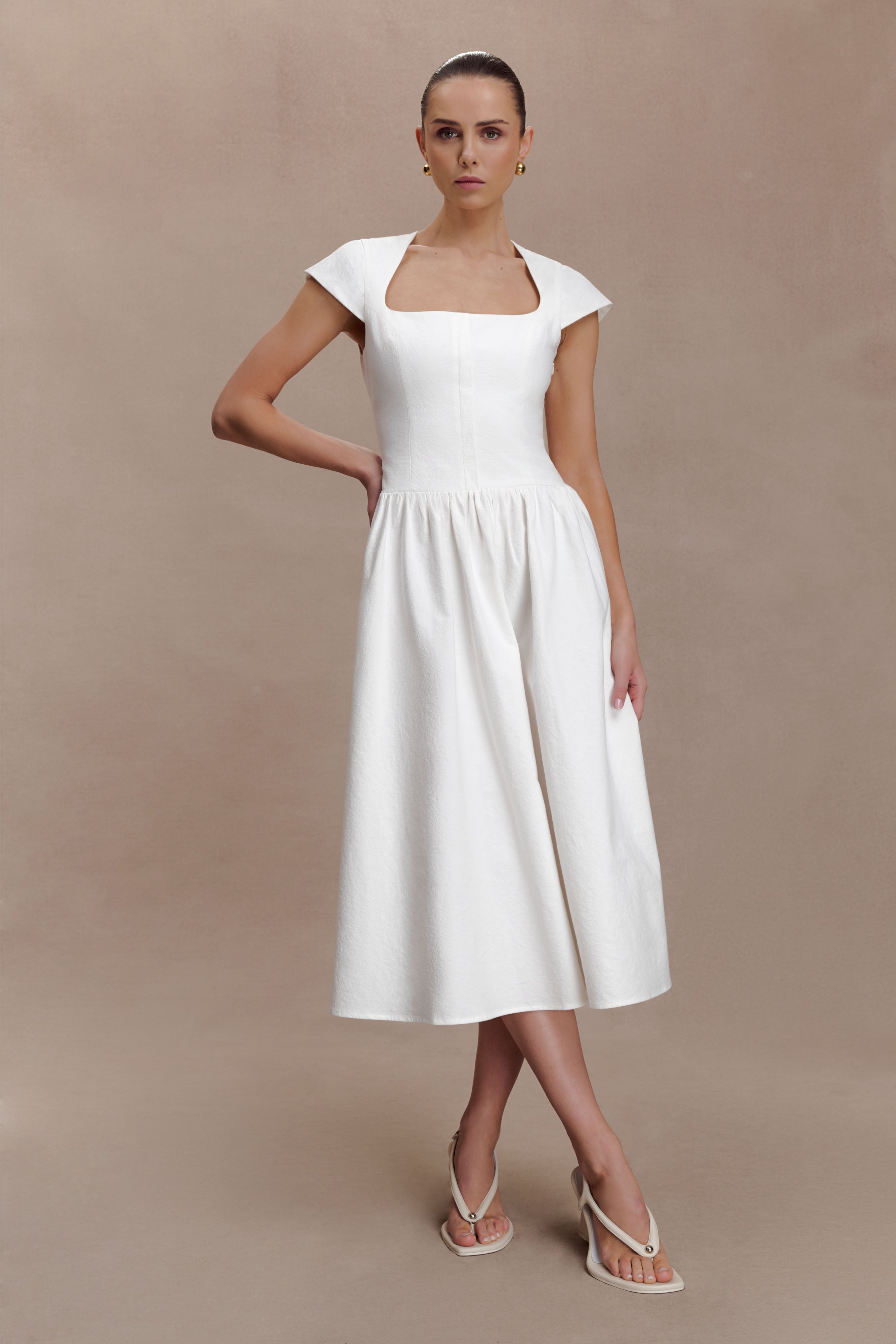 Ayla Cotton Fit And Flare Midi Dress - White