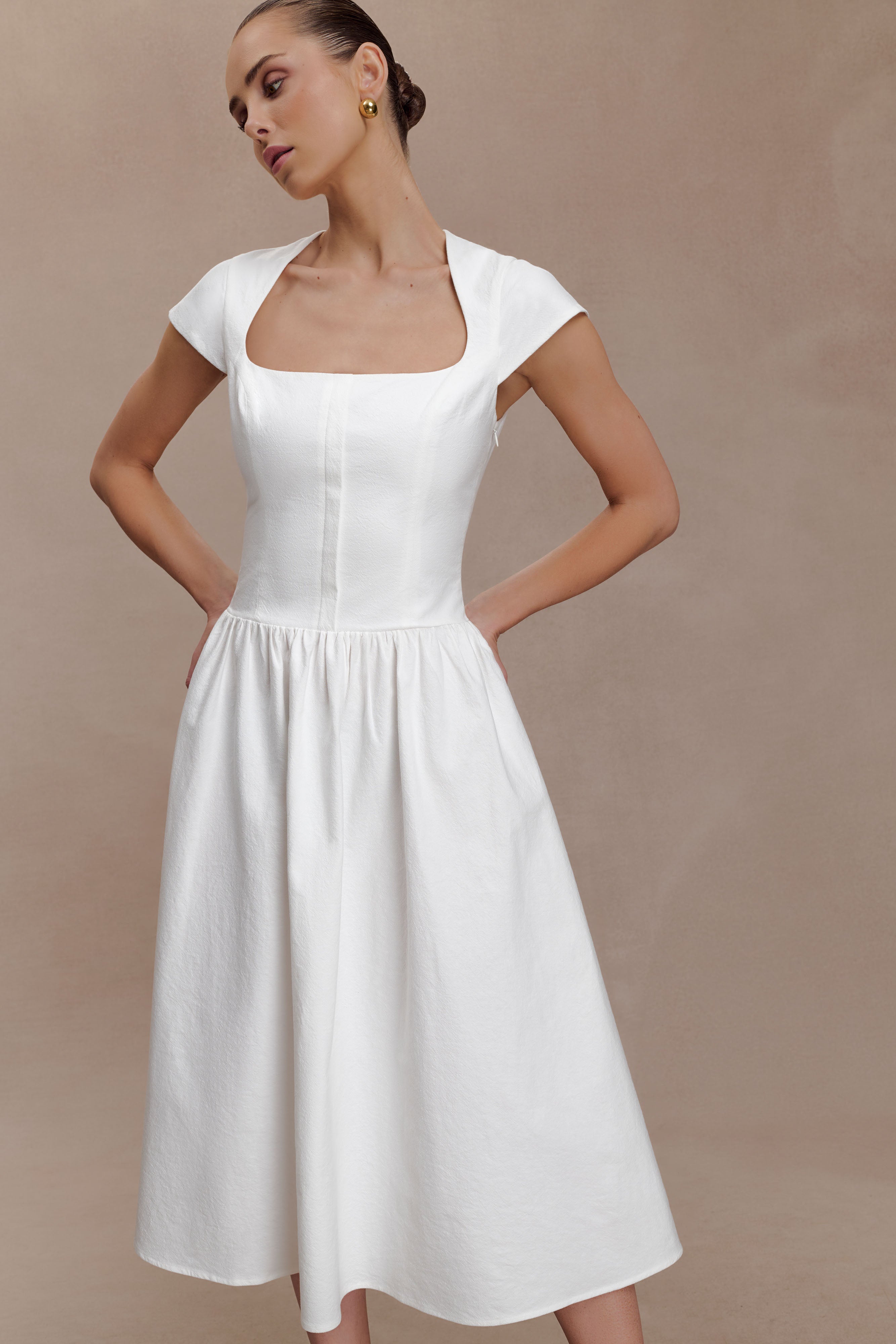 Ayla Cotton Fit And Flare Midi Dress - White