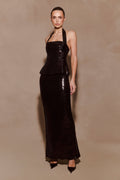 Bertie Sequin Peplum Halter Maxi Dress - Black