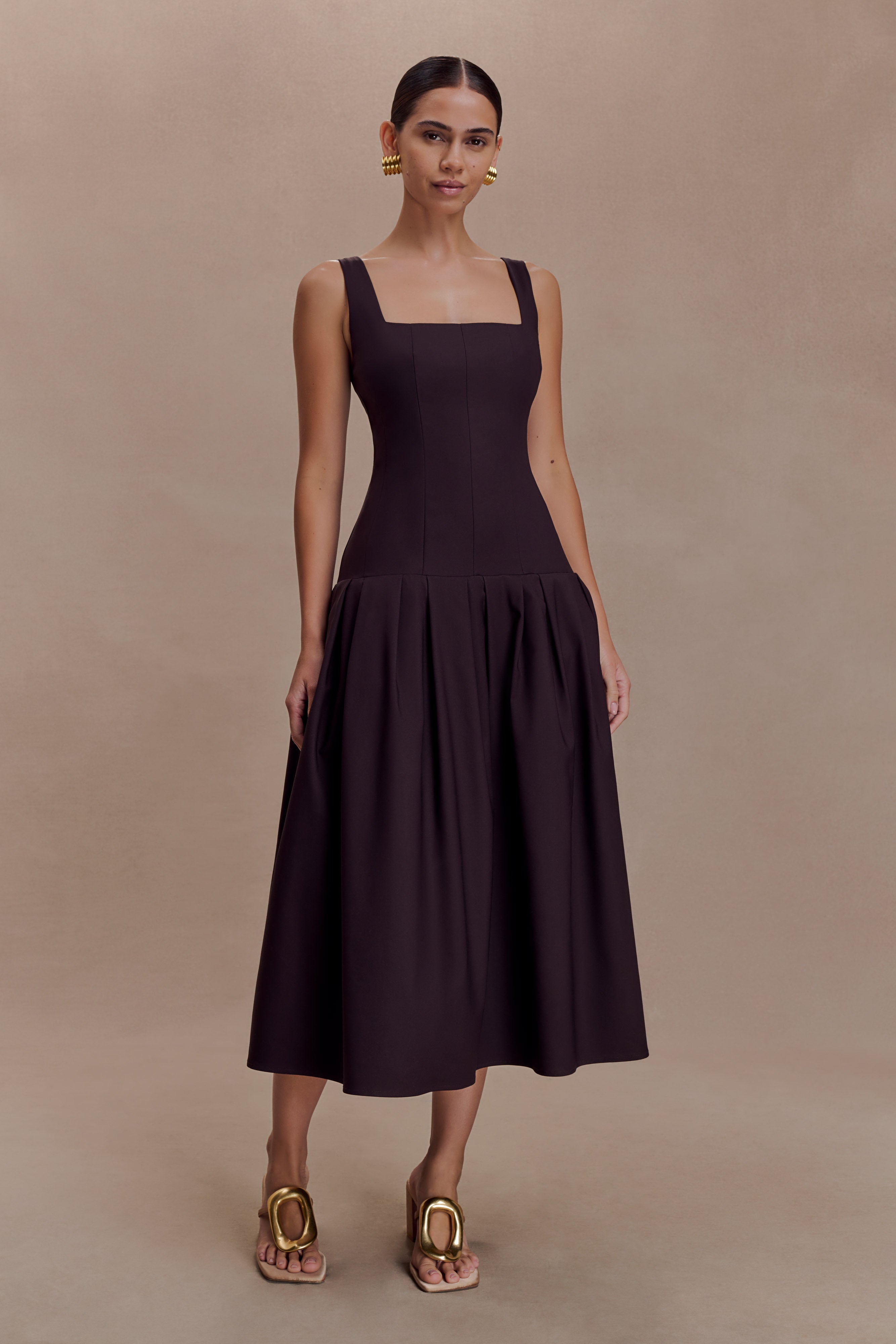 Natascha Drop Waist Cotton Midi Dress - Chocolate
