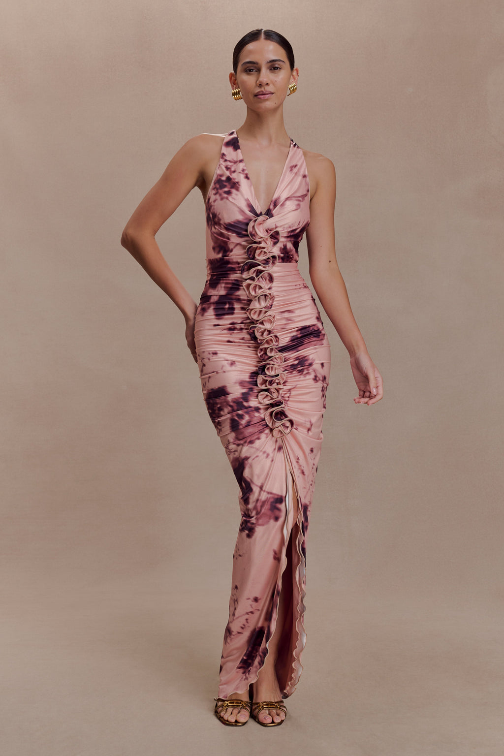 Alessandra Slinky Ruffle Maxi Dress - Pink Blurred Floral Print