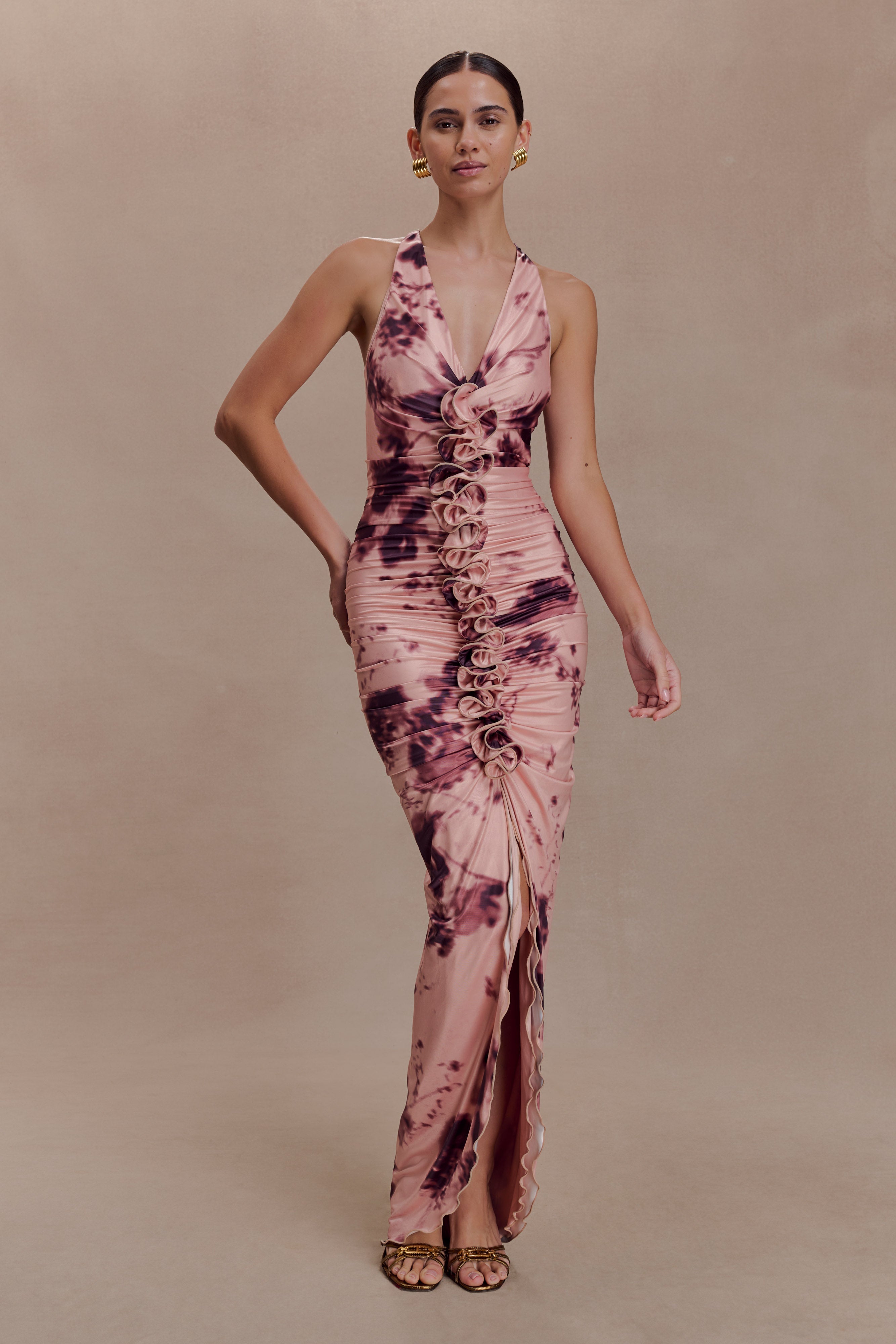 Alessandra Slinky Ruffle Maxi Dress - Pink Blurred Floral Print