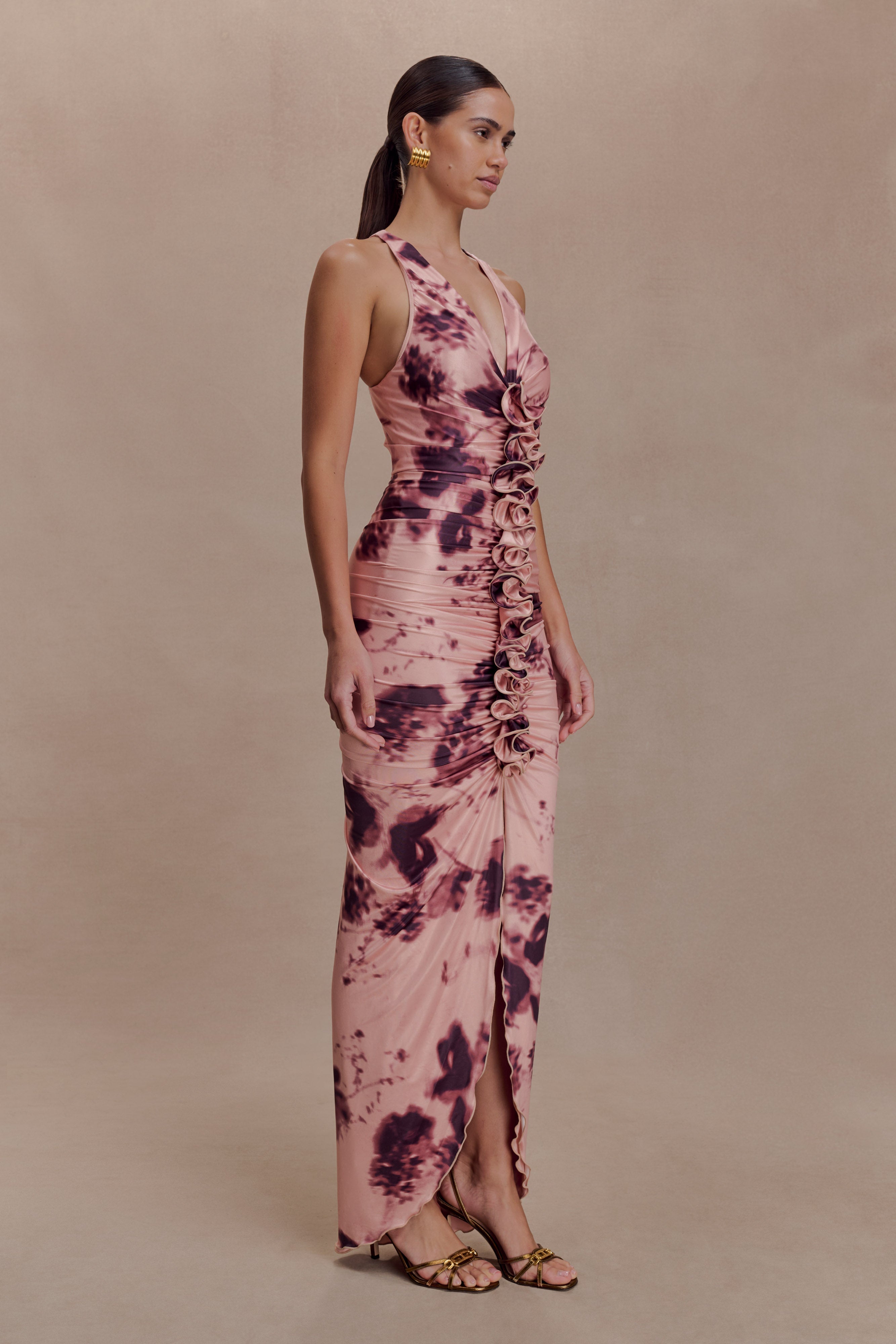 Alessandra Slinky Ruffle Maxi Dress - Pink Blurred Floral Print