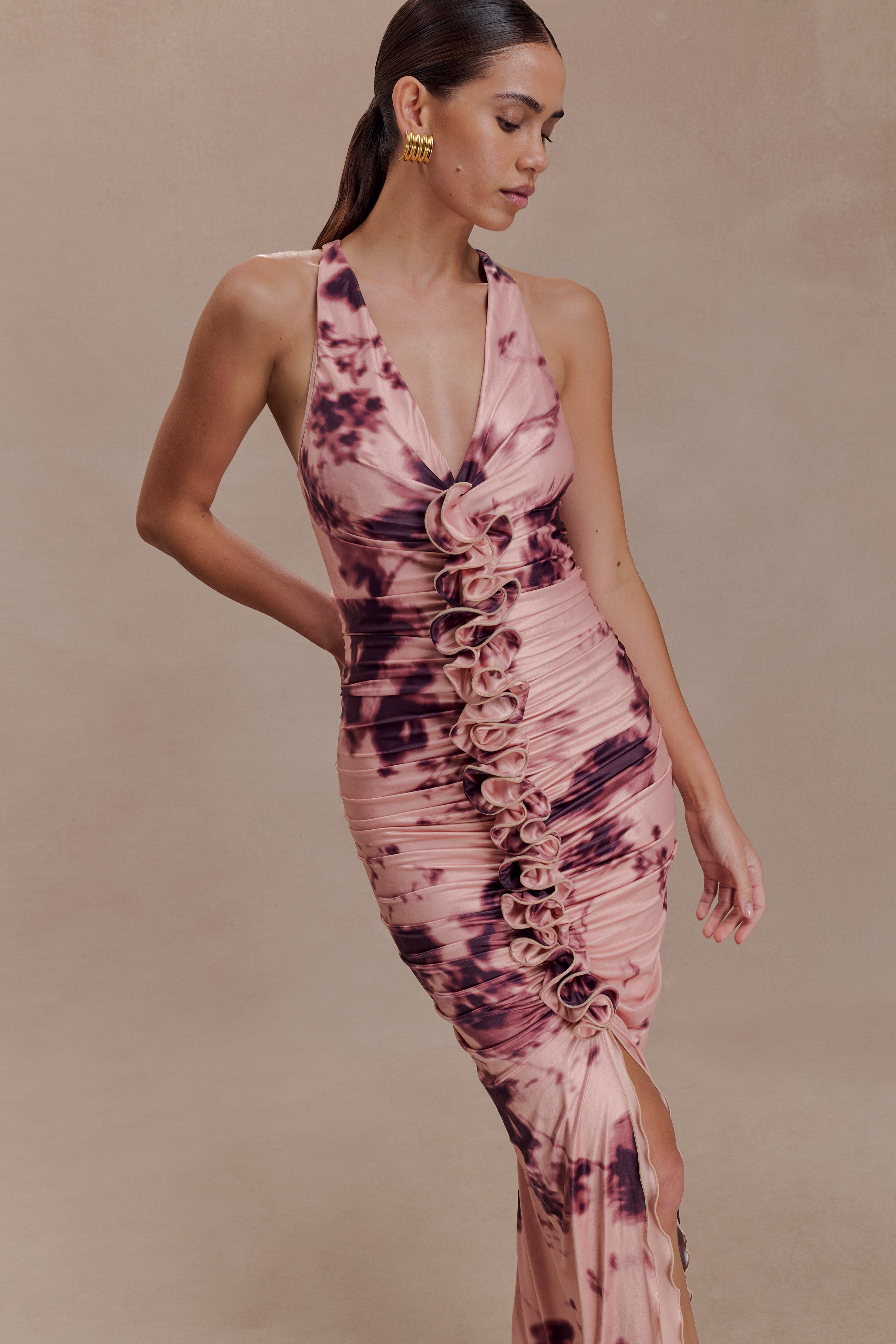 Alessandra Slinky Ruffle Maxi Dress - Pink Blurred Floral Print