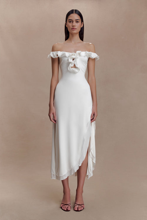Allegra Off Shoulder Ruffle Midi Dress - Ivory