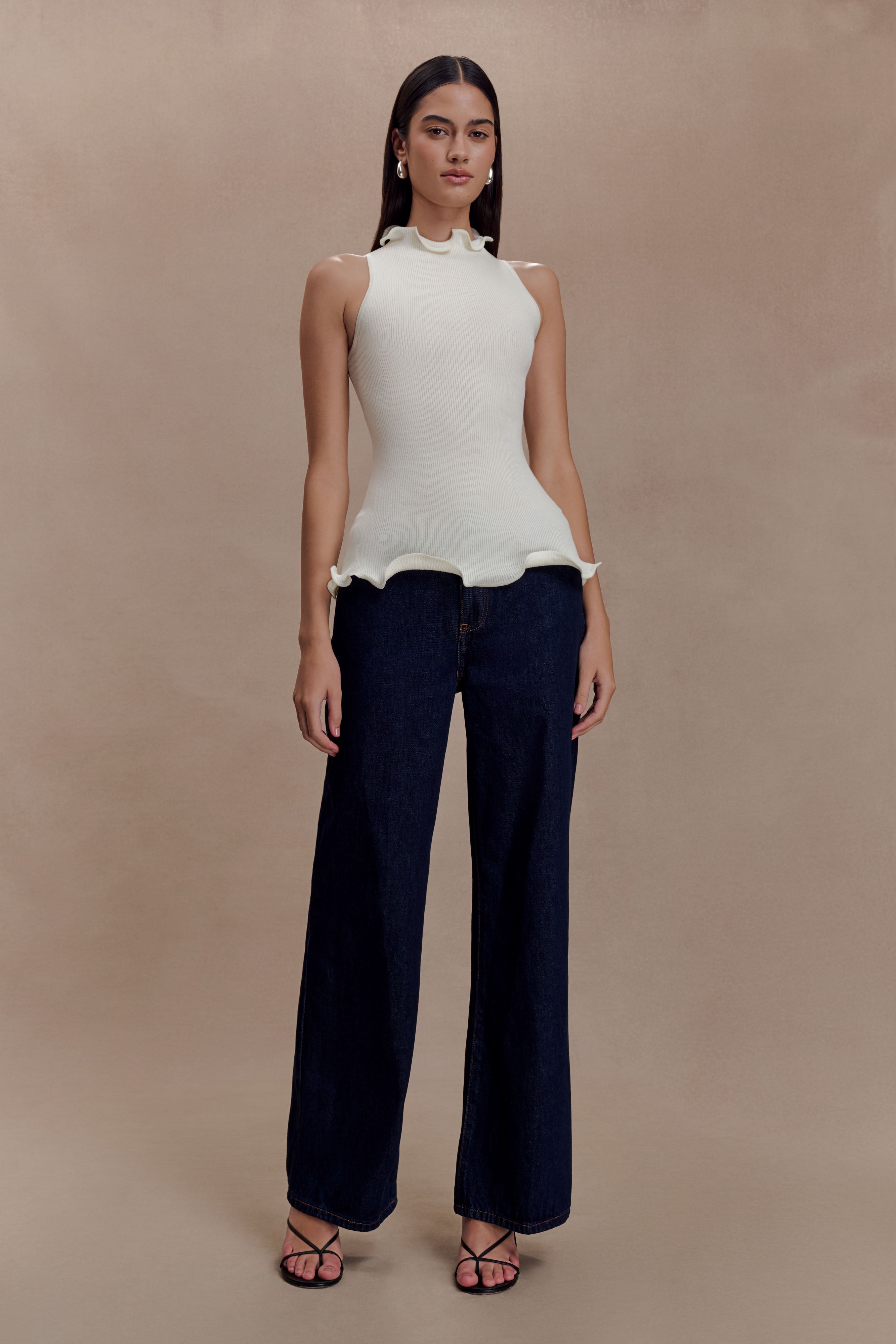 Diya Ribbed Sleeveless Top With Wire Hem - Ivory