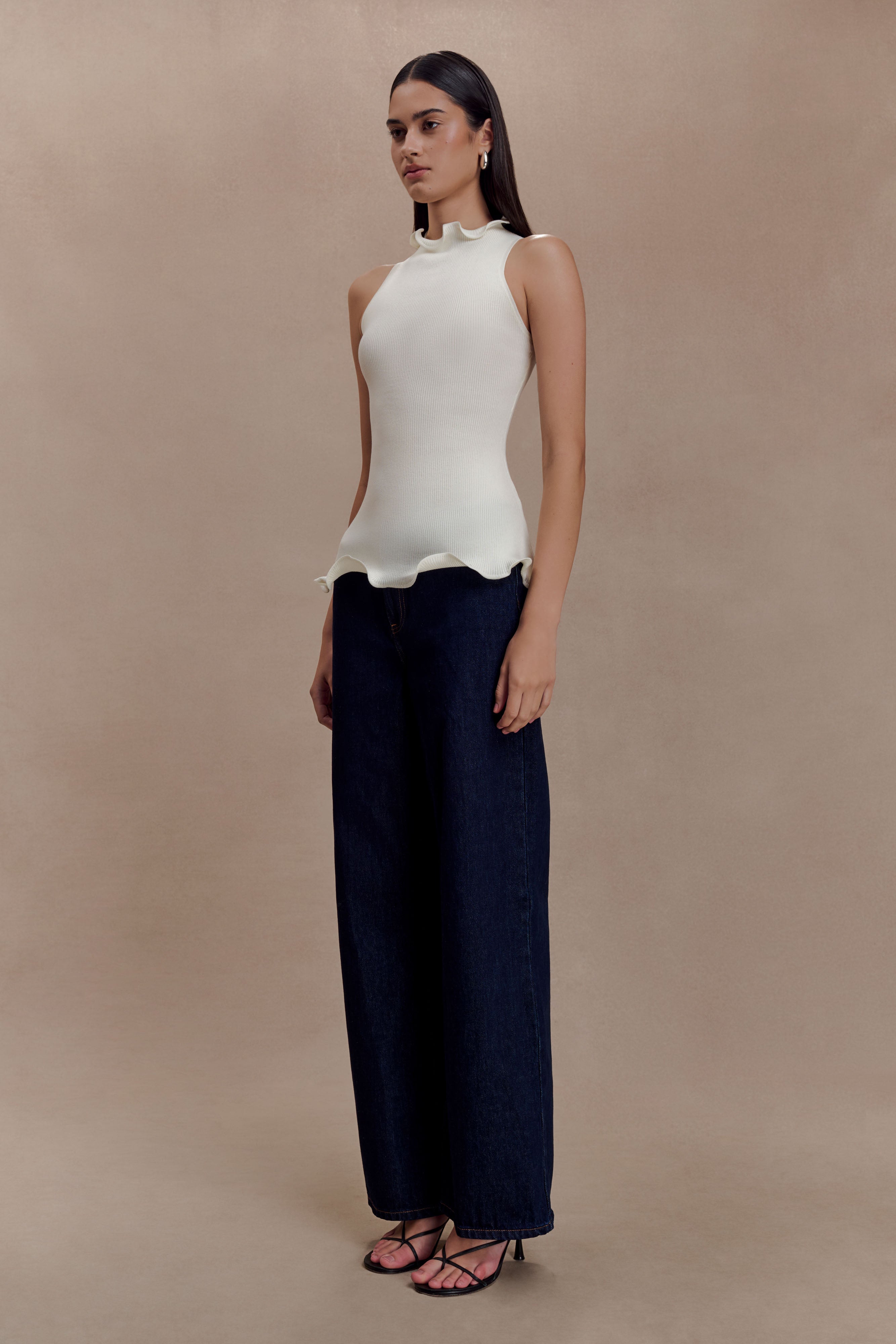 Diya Ribbed Sleeveless Top With Wire Hem - Ivory