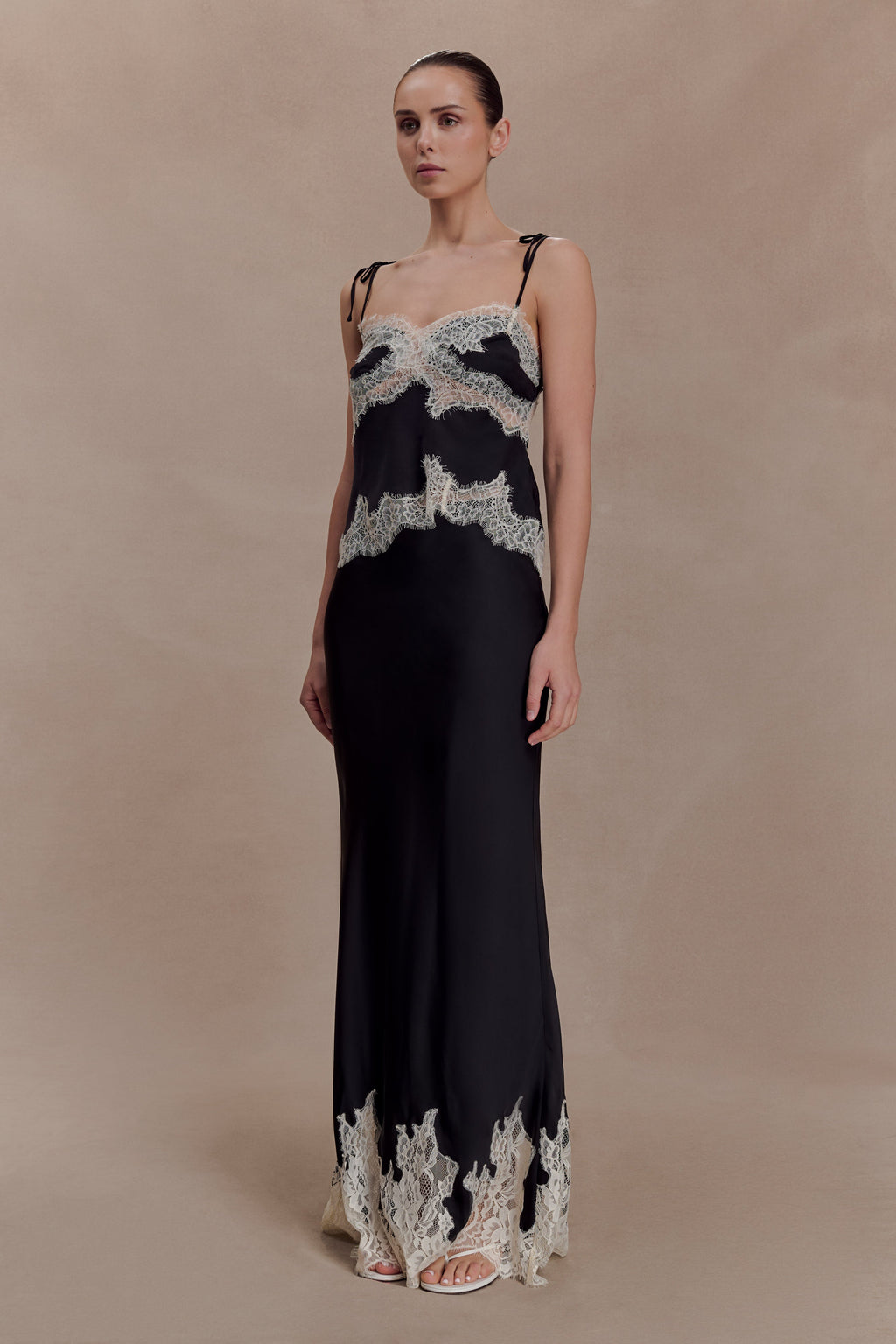Nina Satin And Lace Maxi Skirt - Black/Ivory