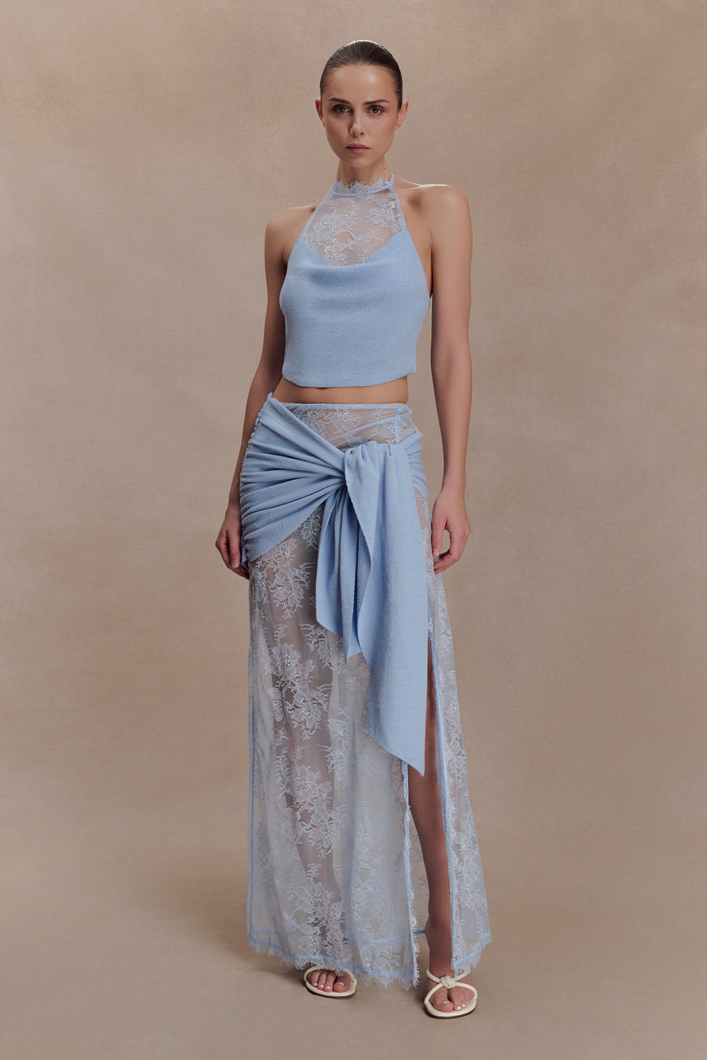 Lucy Lace And Knit Halter Top - Cornflower Blue