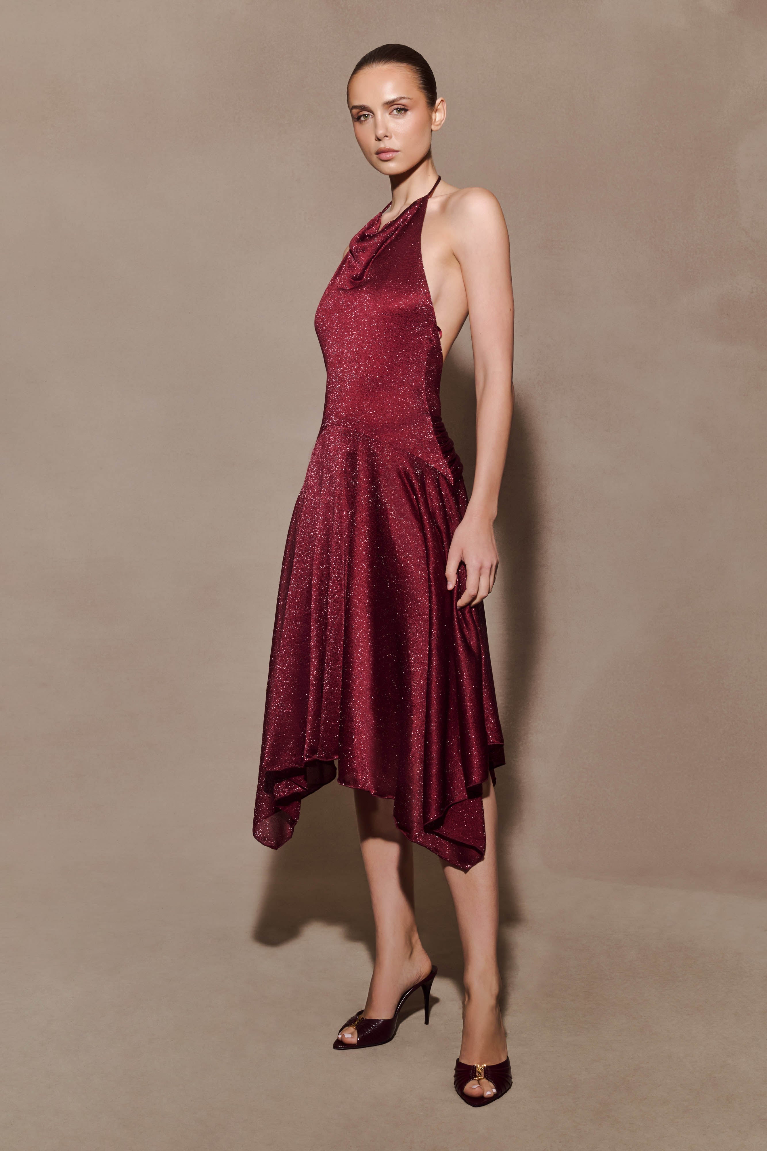 Sylvie Lurex Hankie Midi Dress - Wine