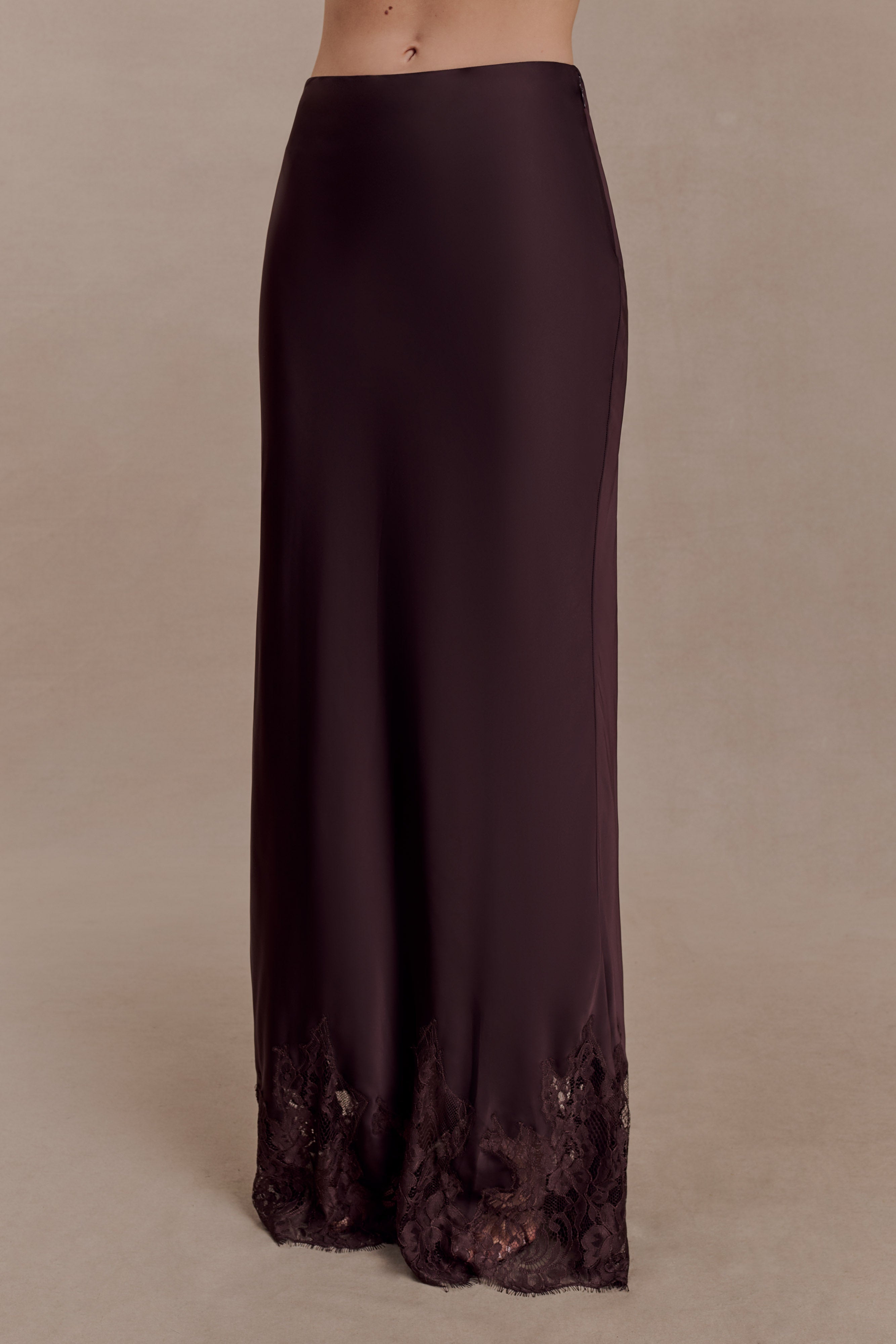 Nina Satin And Lace Maxi Skirt - Chocolate