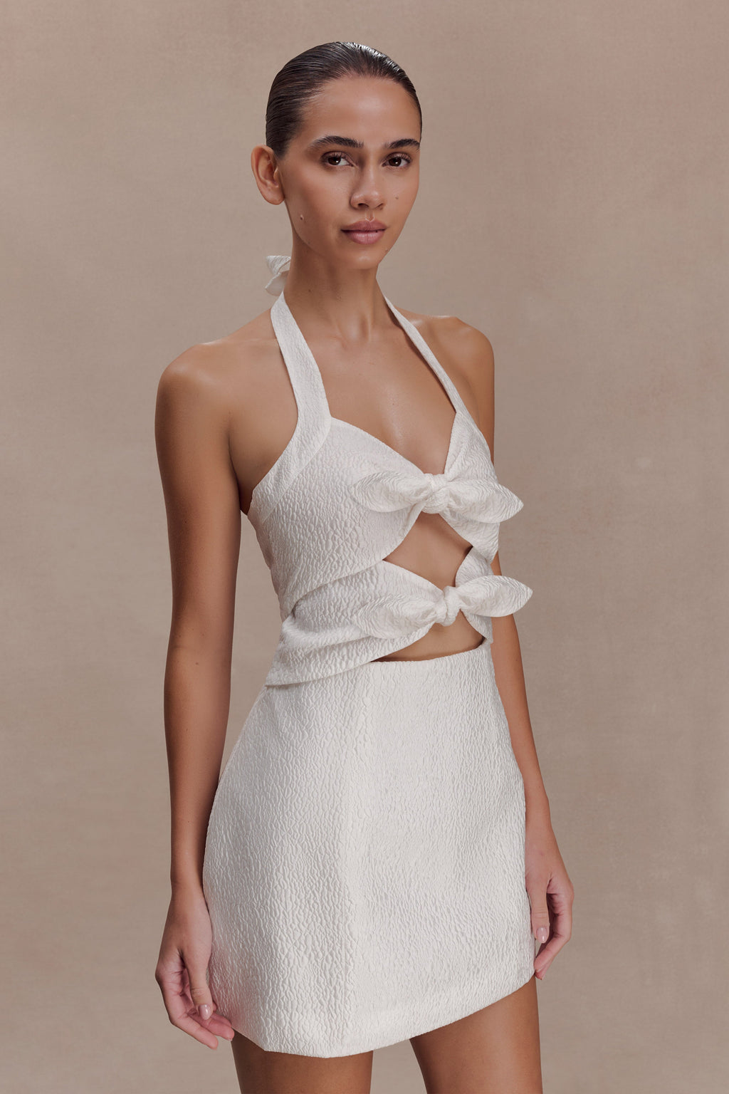 Ella Bow Detail Halter Mini Dress - White