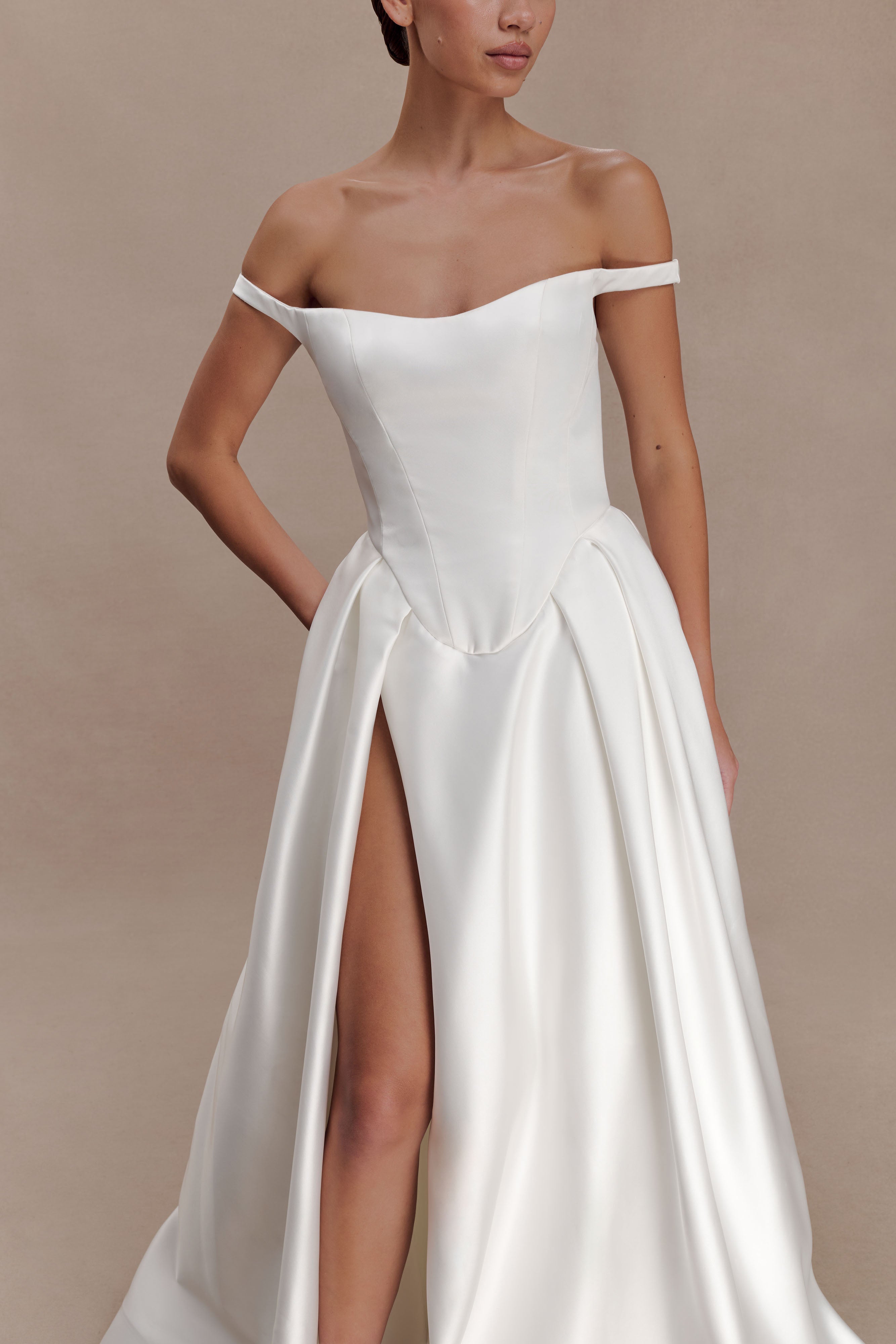 Willow Off Shoulder Satin Maxi Gown - White