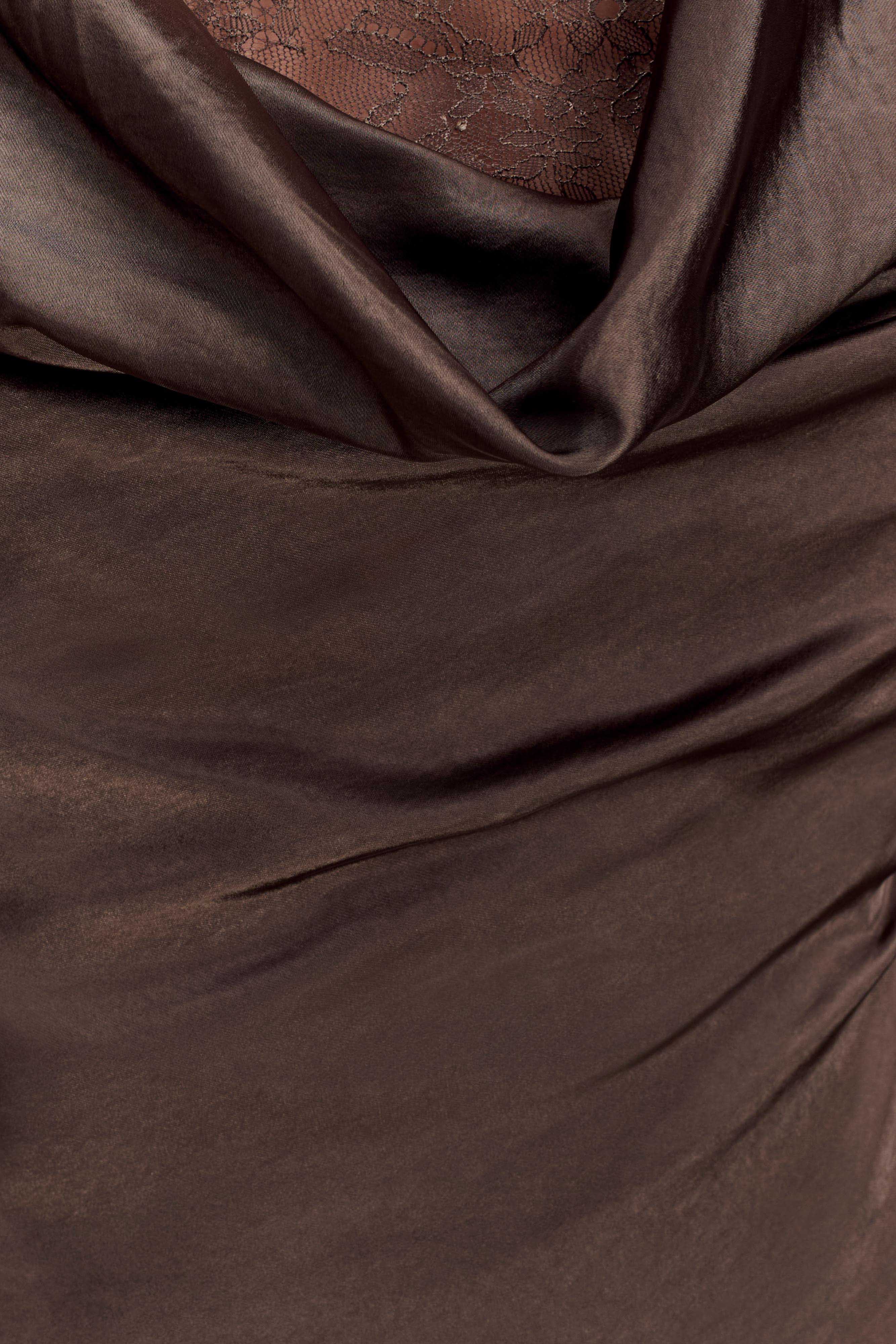 Eliza Long Sleeve Cowl Lace And Satin Maxi Dress - Mocha
