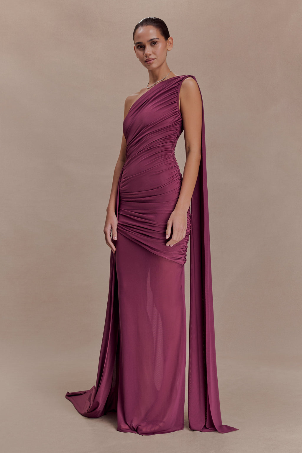 Asher Slinky One Shoulder Maxi Dress - Neutral Plum