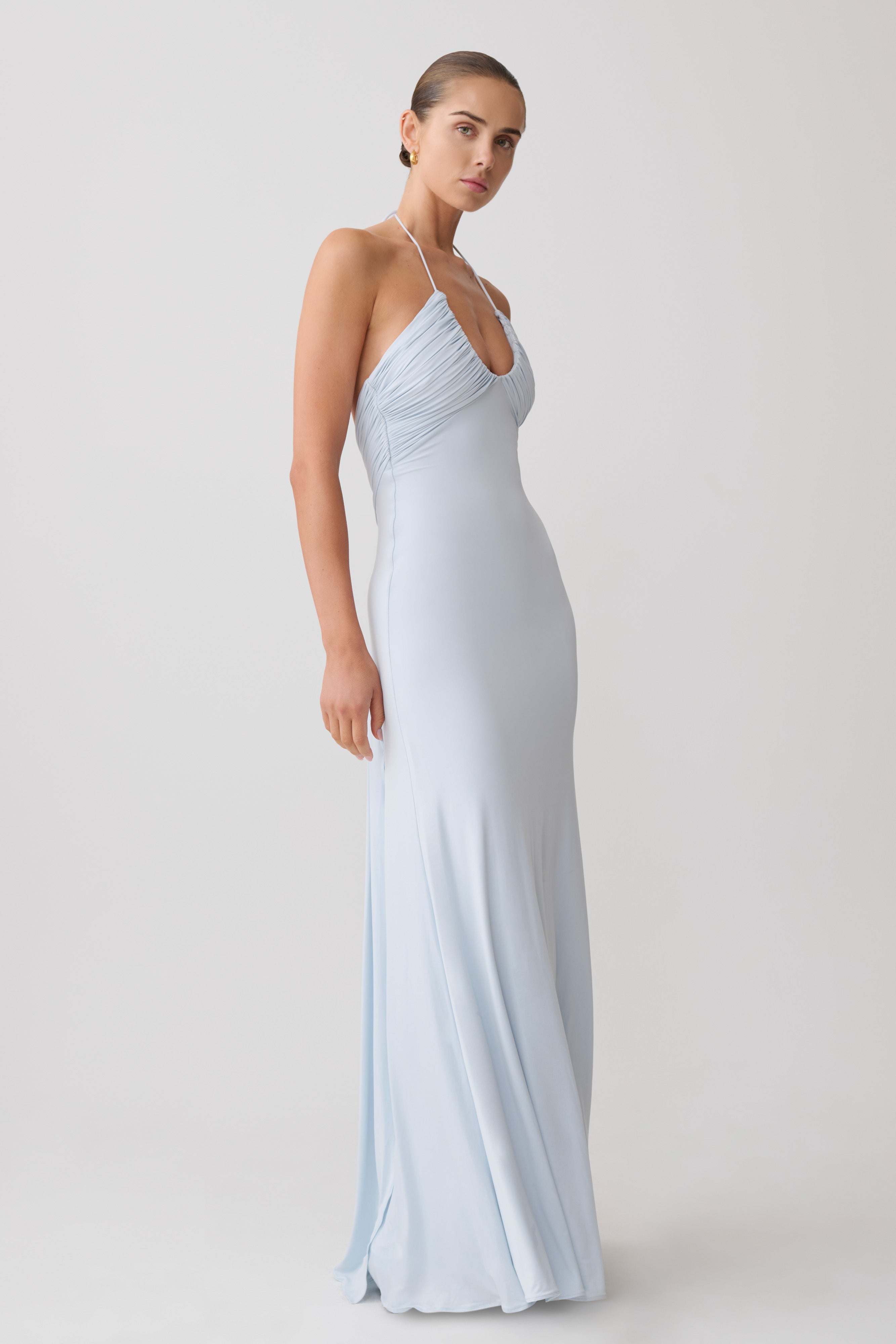 Maely Gathered Slinky Maxi Dress - Pale Blue