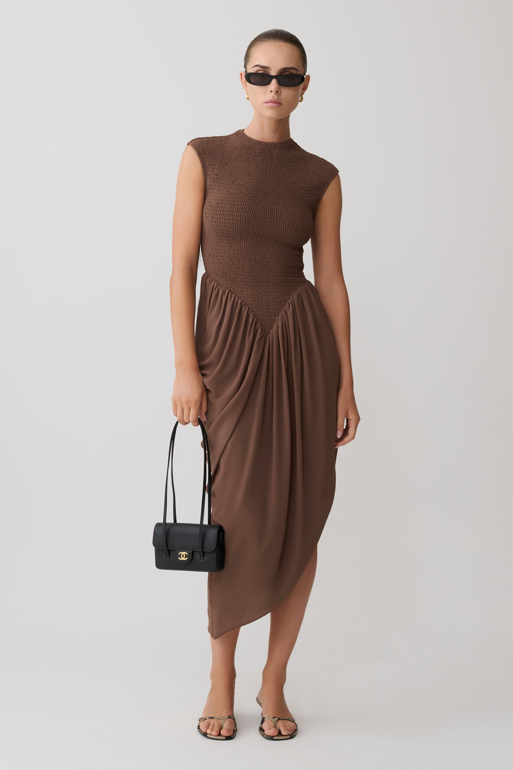 Nola Shirred Asymmetric Midi Dress - Mocha