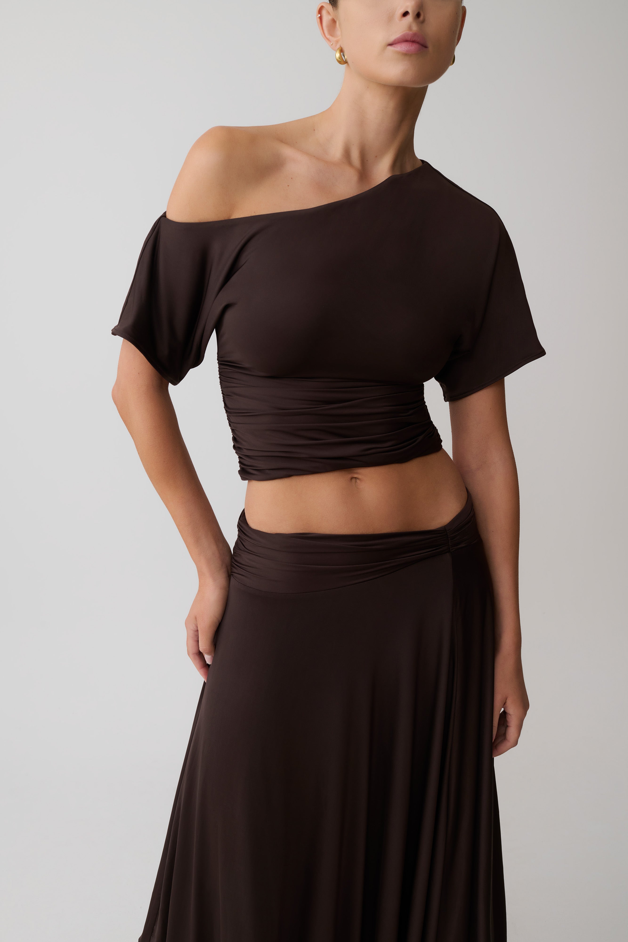 Luu Off Shoulder Slinky Top - Dark Chocolate