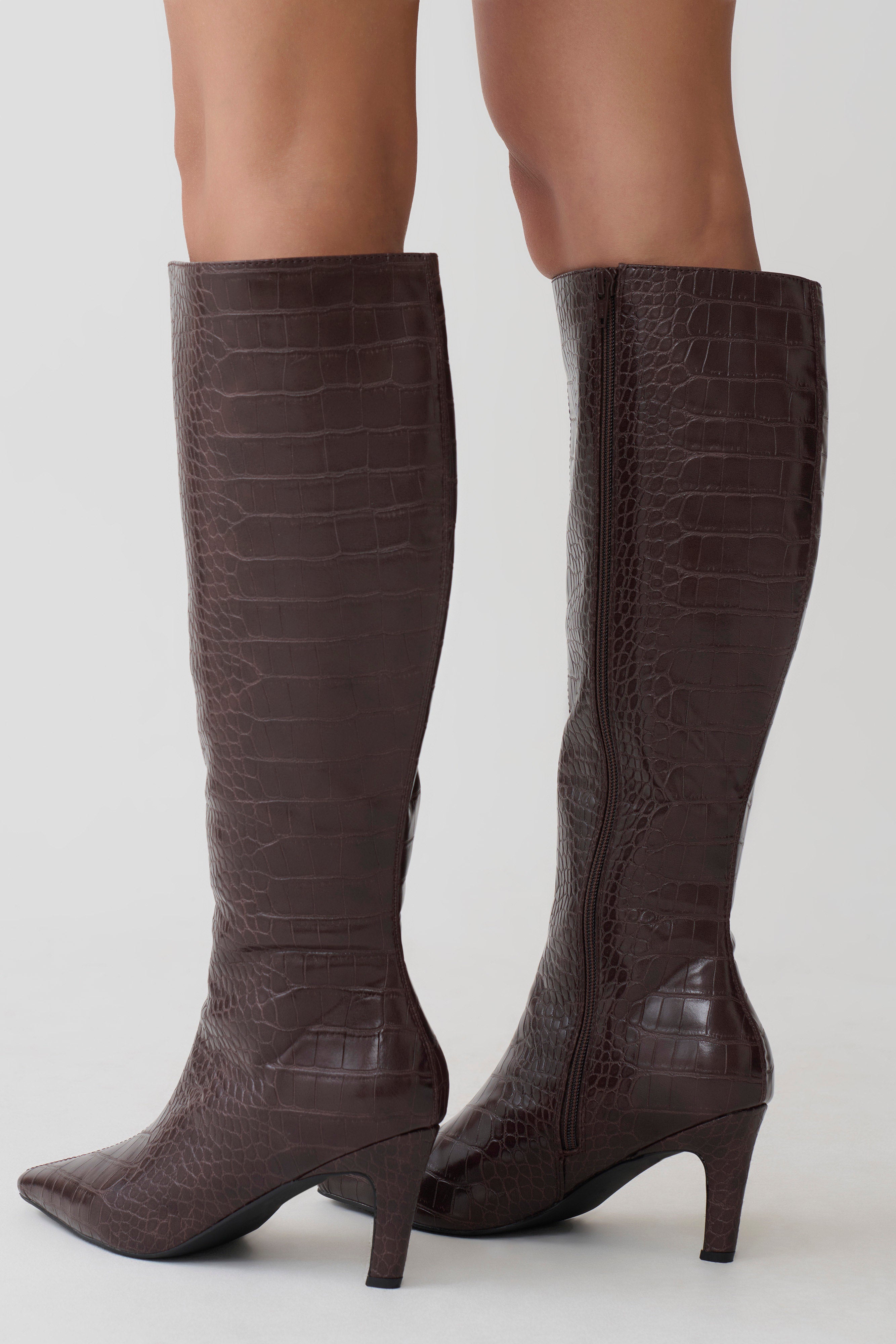 Sarah Faux Leather Crocodile Boot - Chocolate