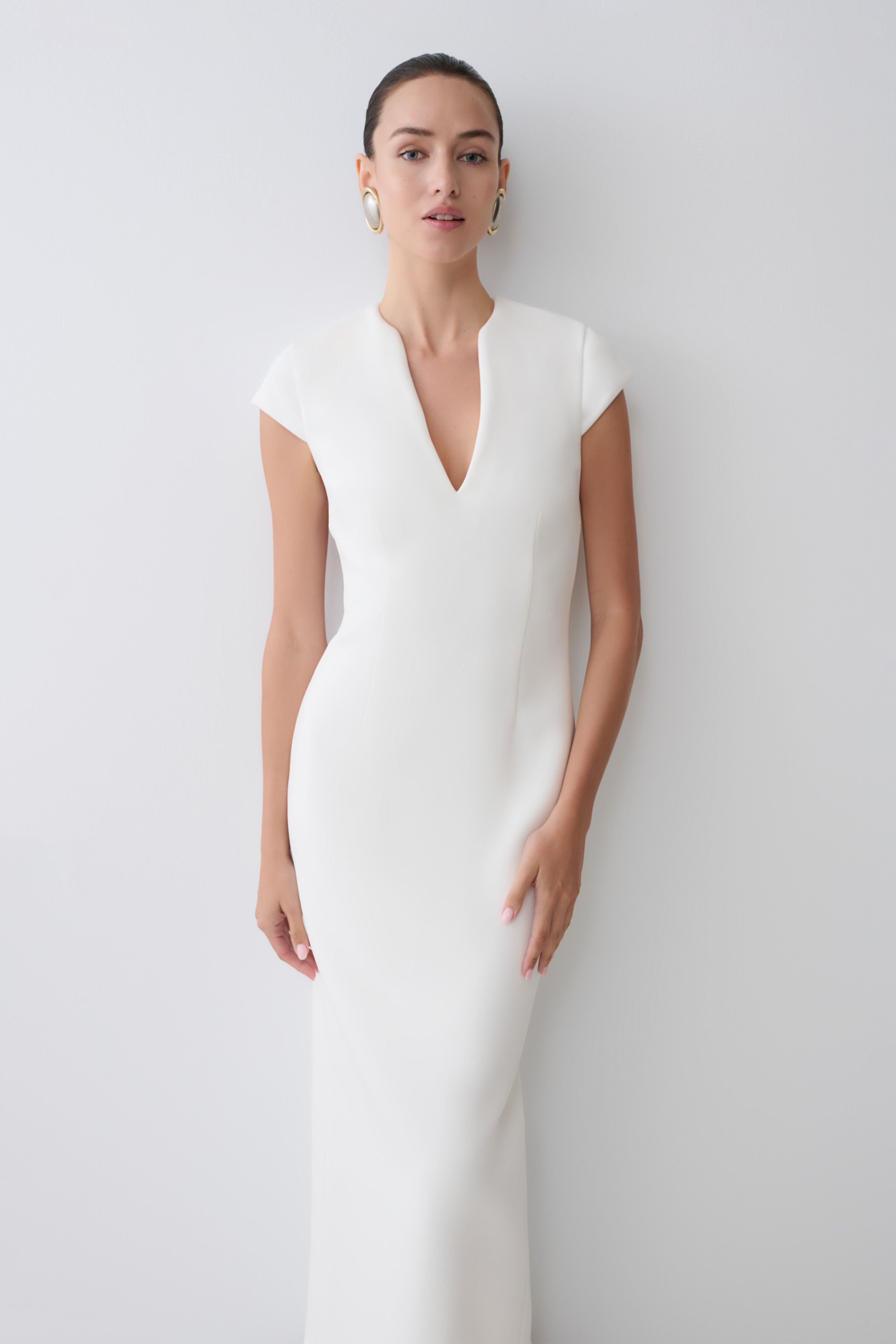 Briella V Neck Suiting Maxi Dress - Ivory