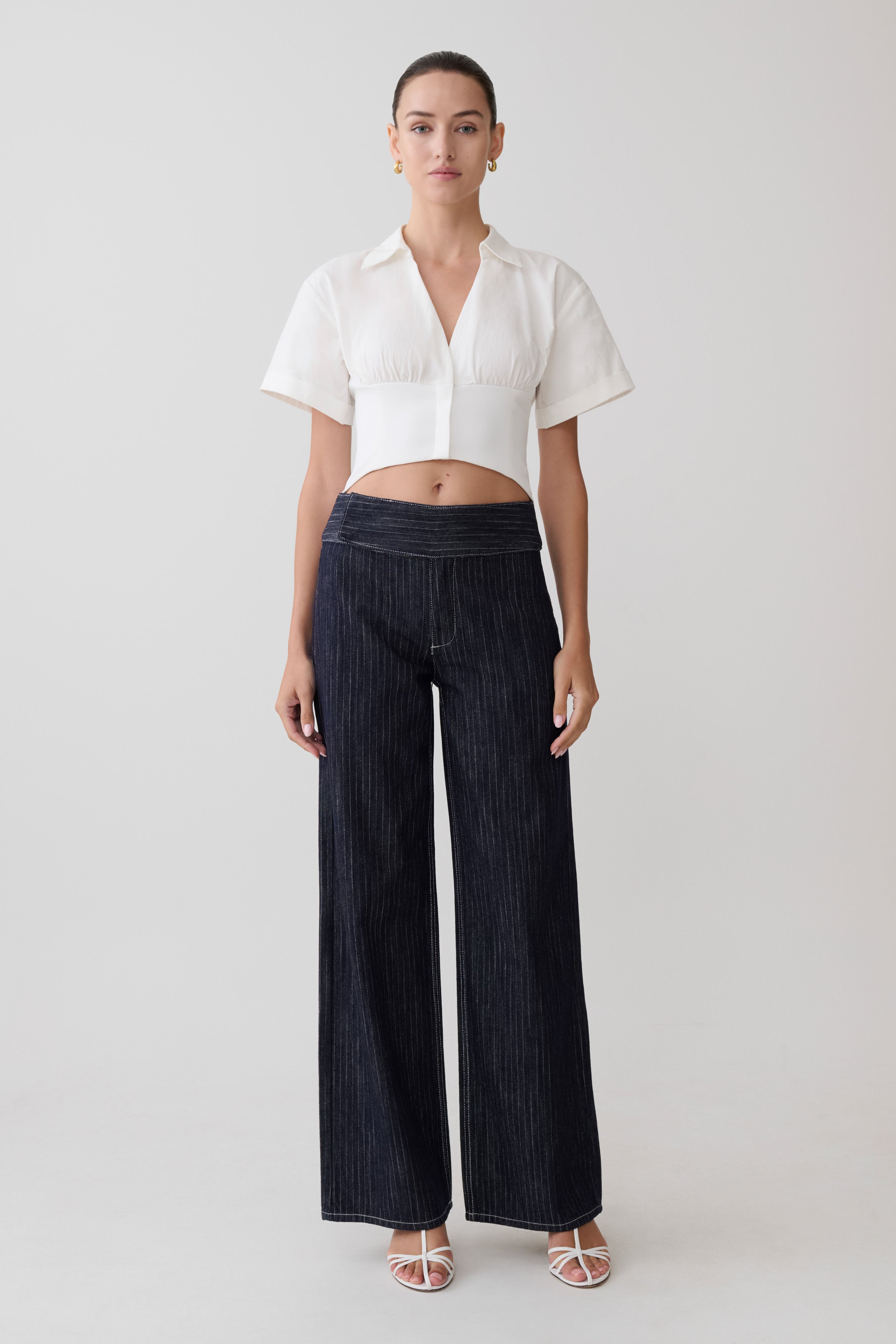 Sienna Flare Mid Rise Denim Jeans - Indigo Pinstripe