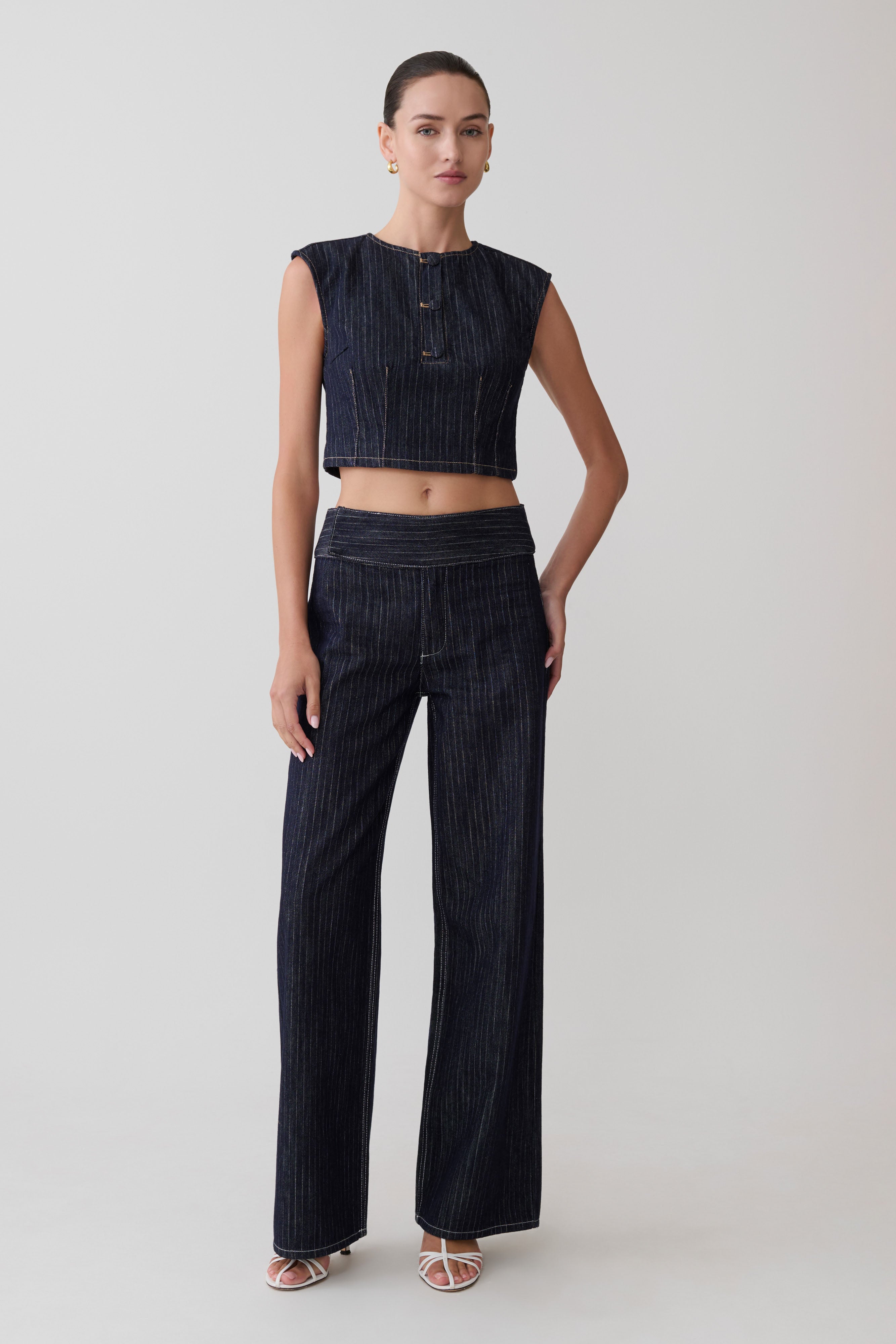 Loraine Sleeveless Denim Top - Indigo Pinstripe