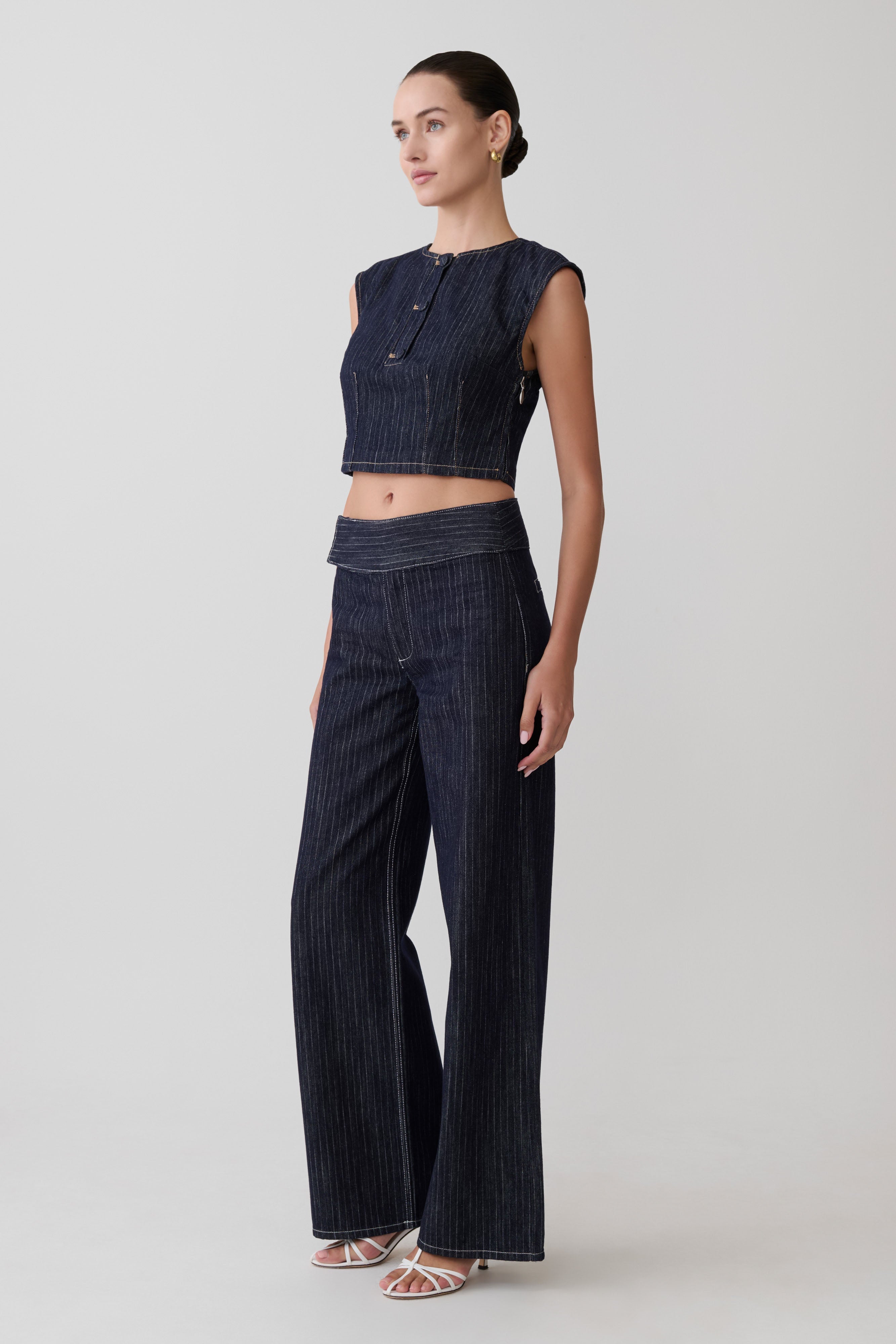 Loraine Sleeveless Denim Top - Indigo Pinstripe