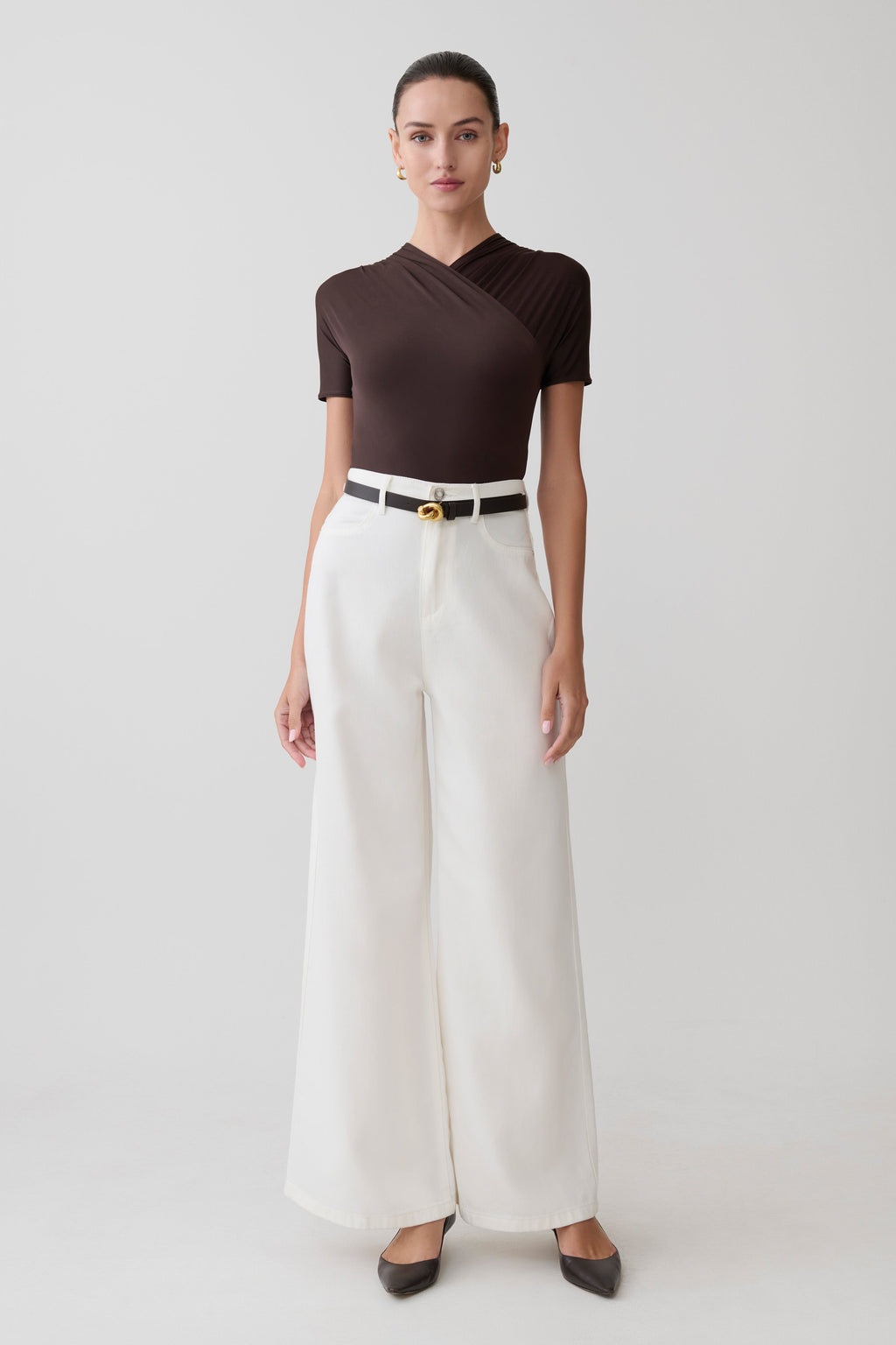 Junie Shortsleeve Cross-Over Bodysuit - Chocolate