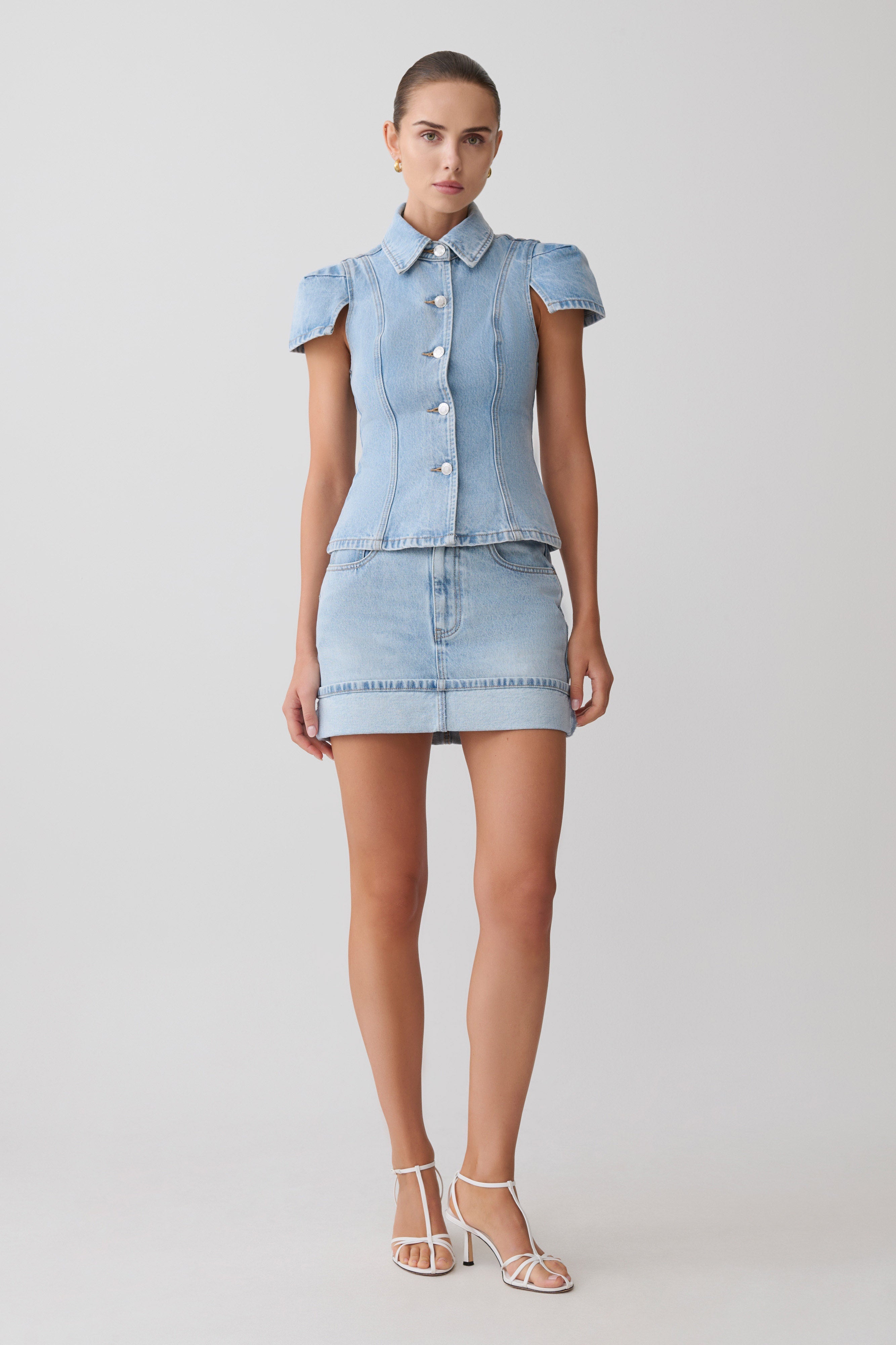 Lakoda Cuffed Denim Mini Skirt - Washed Light Blue