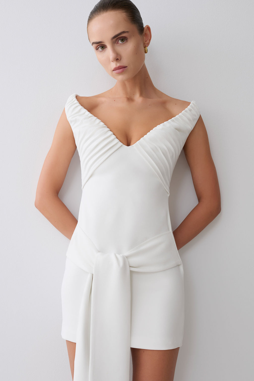 Runa Off Shoulder Mini Dress With Waist Tie - White