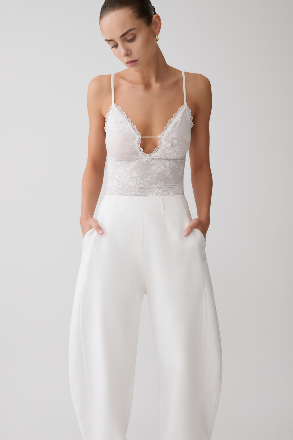 Jasper Sheer Plunge Lace Bodysuit - Ivory