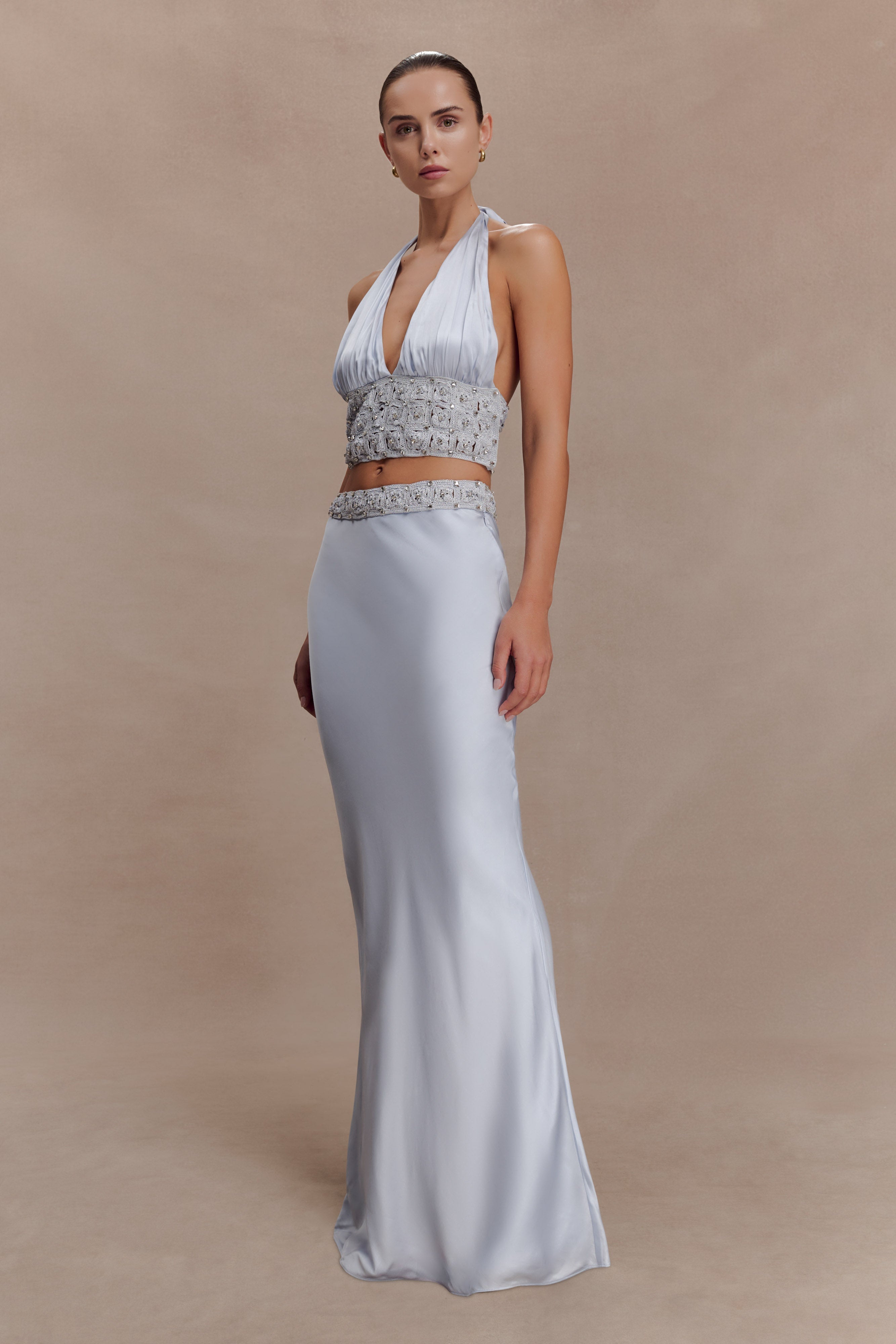 Clementine Chiffon Hand Beaded Top - Pale Blue