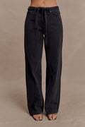 Perrie Mid Rise Straight Leg Tie Jeans - Washed Black