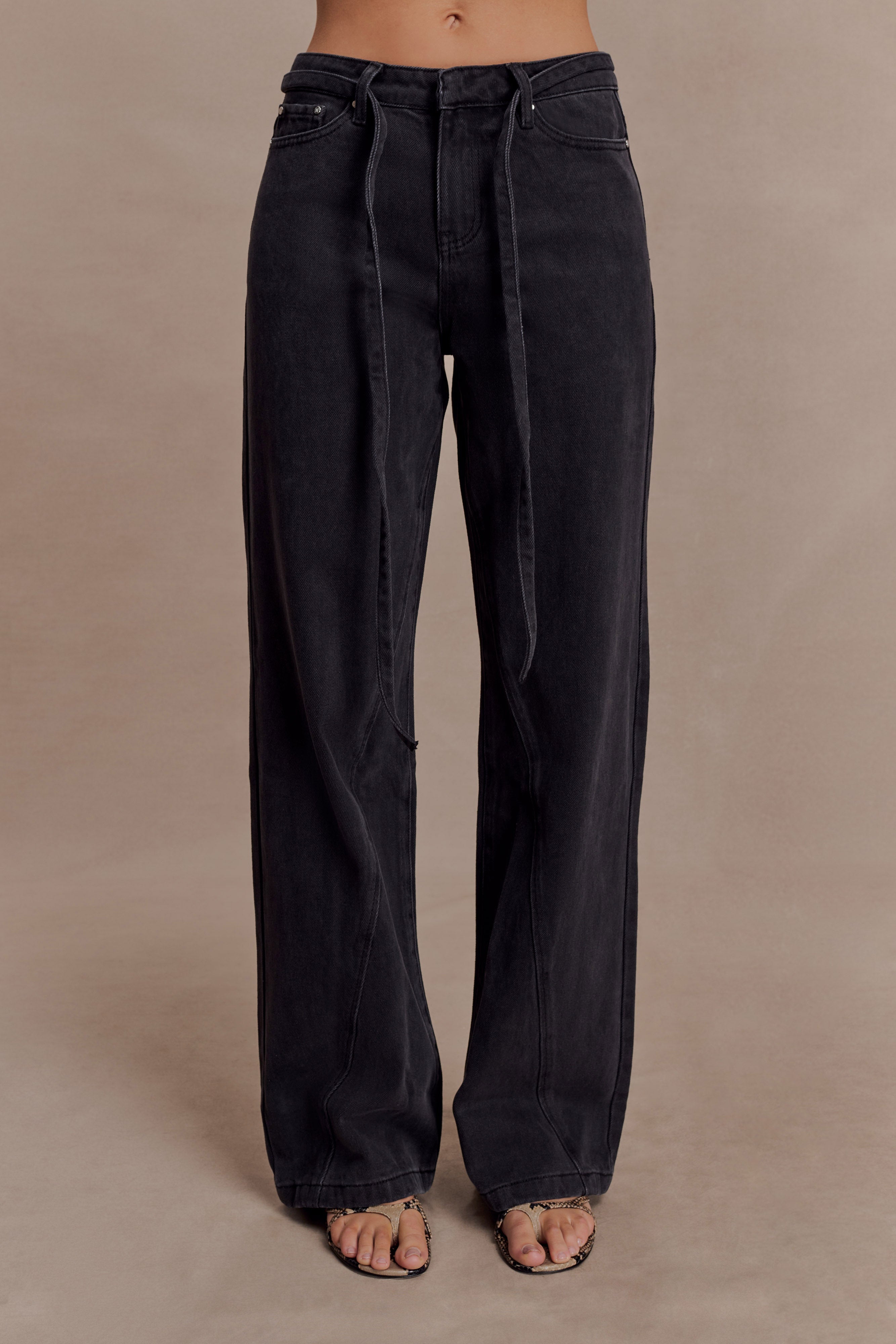 Perrie Mid Rise Straight Leg Tie Jeans - Washed Black