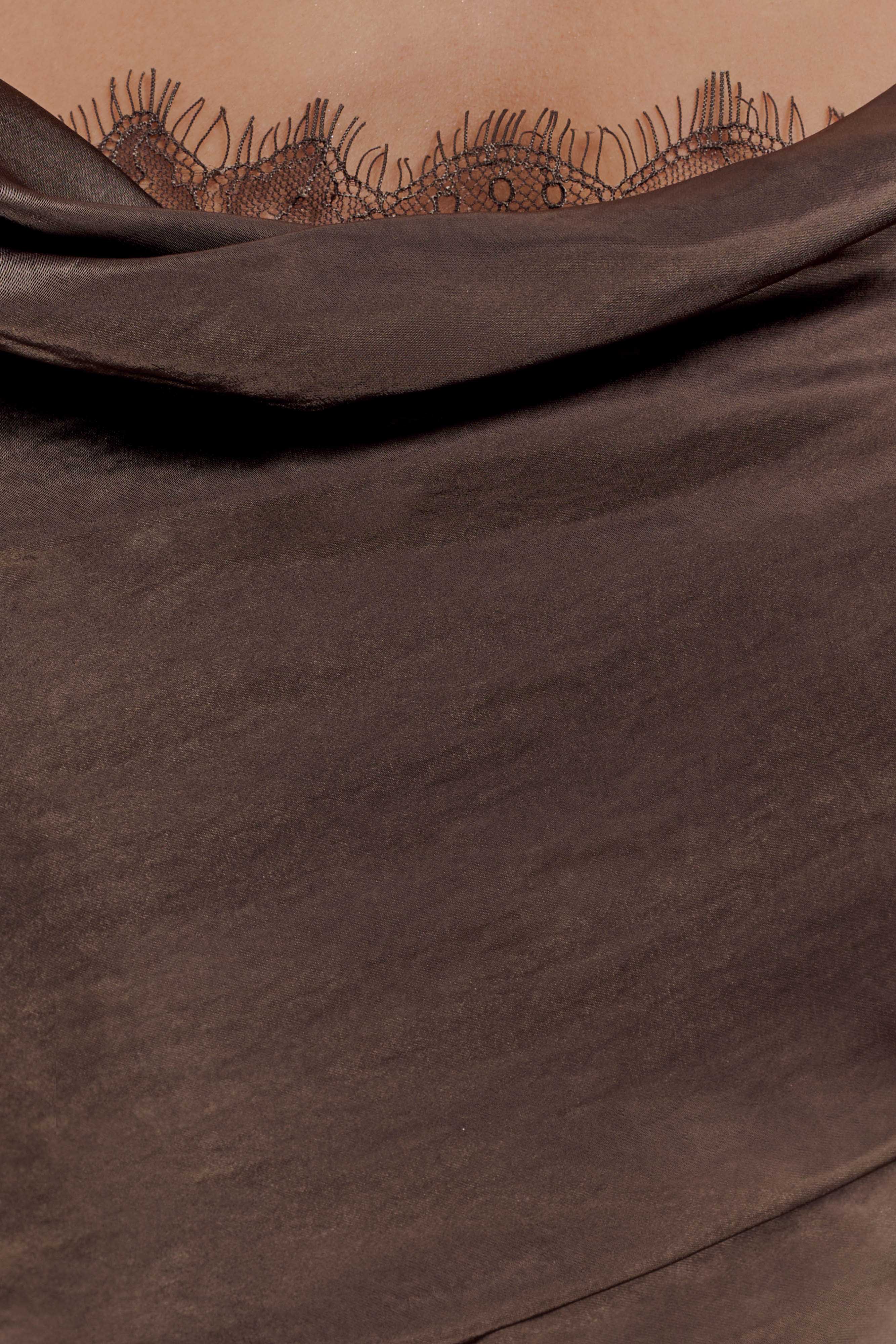 Ashley Cowl Neck Lace And Satin Maxi Dress - Mocha