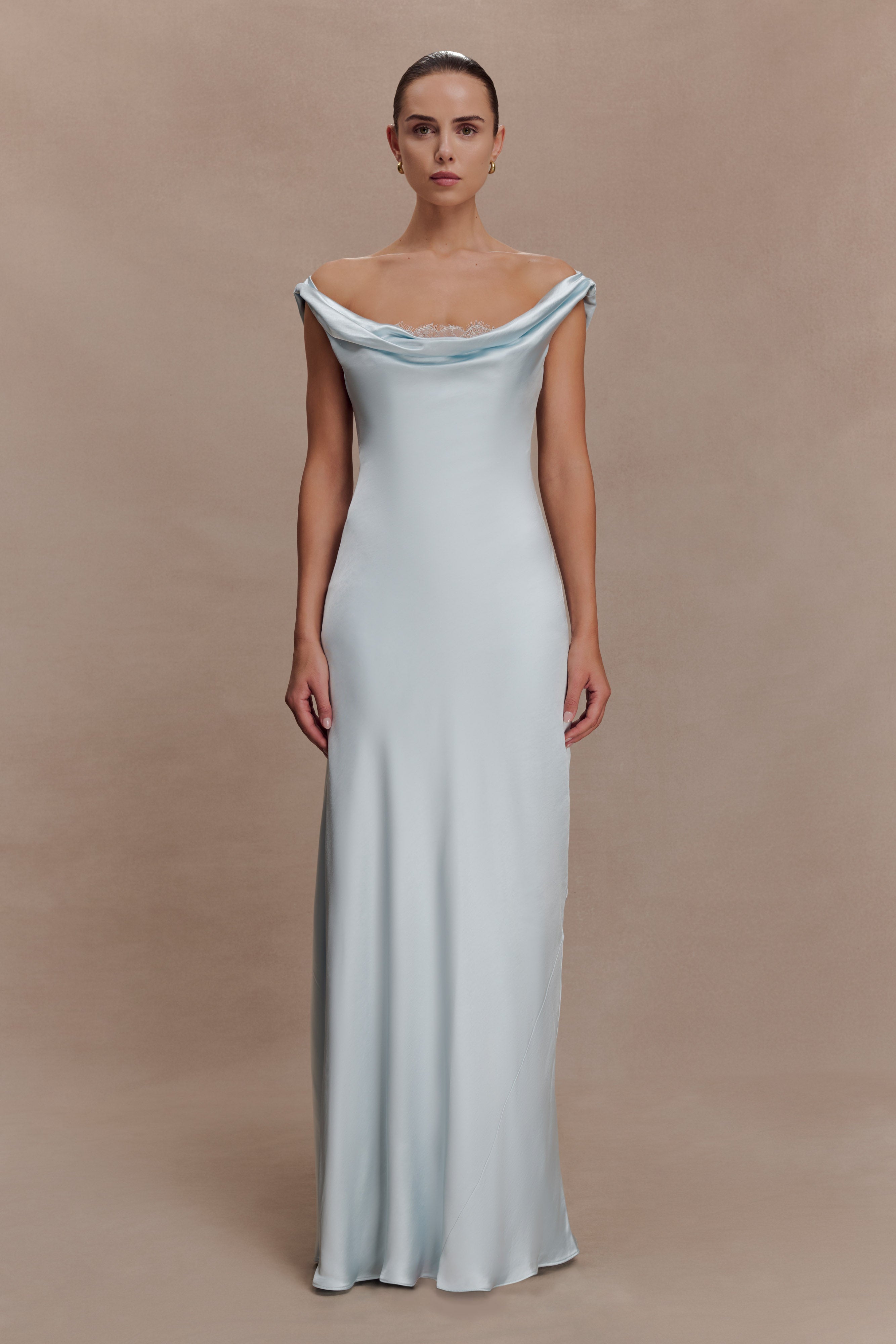 Ashley Cowl Neck Lace And Satin Maxi Dress - Ice Blue
