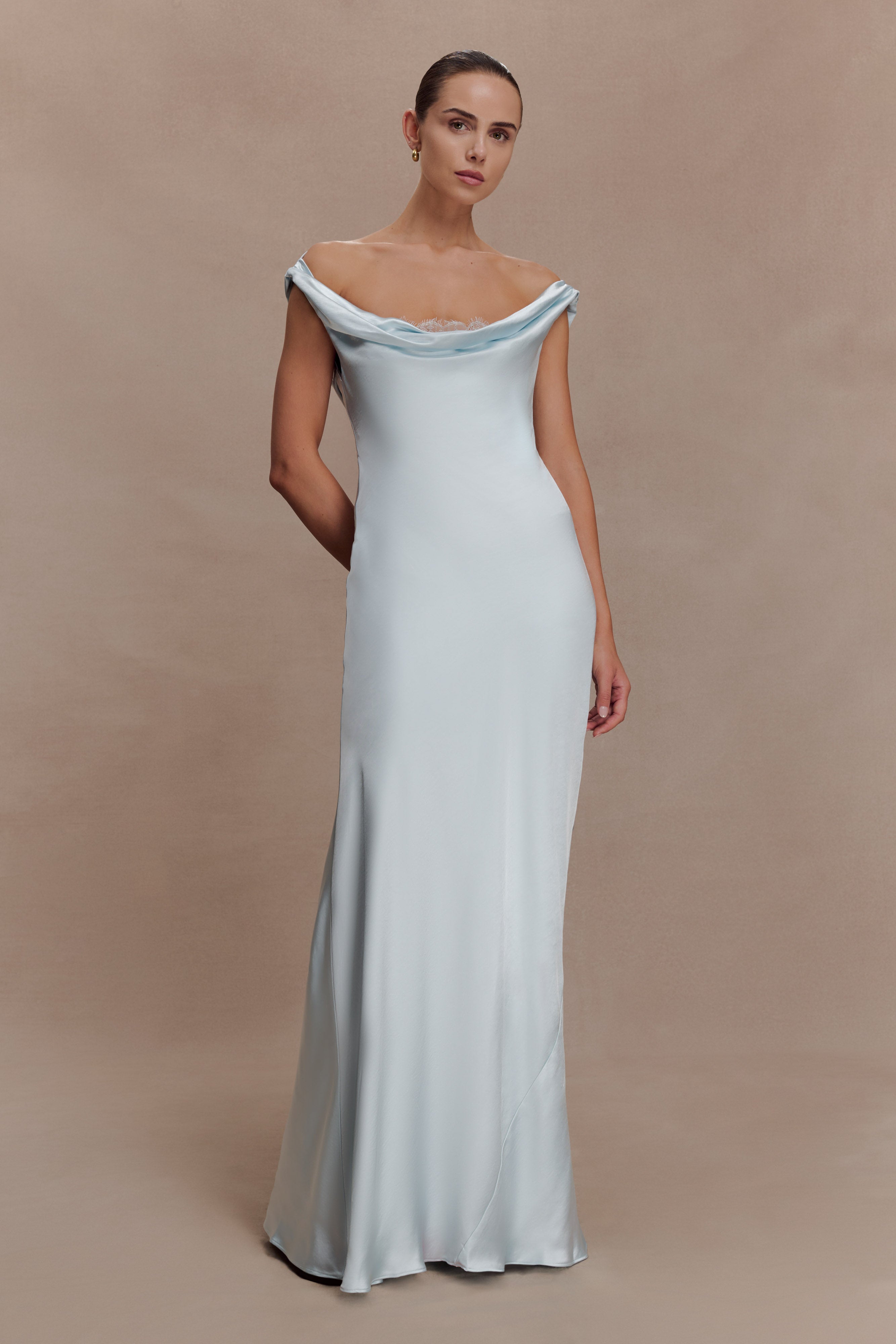 Ashley Cowl Neck Lace And Satin Maxi Dress - Ice Blue