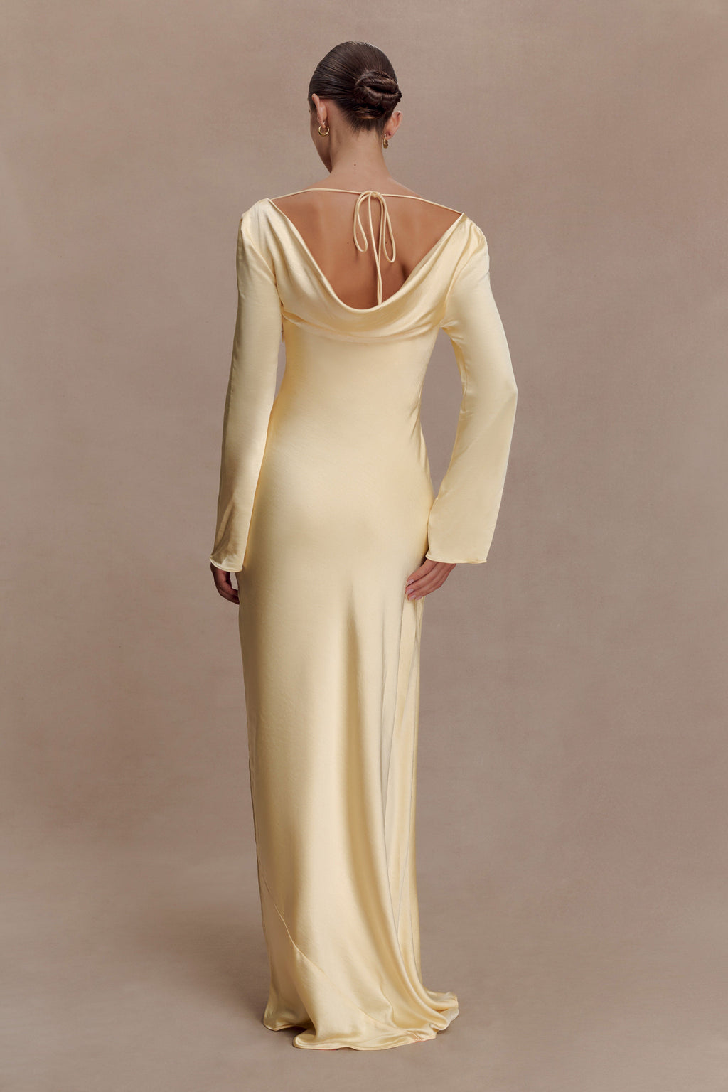 Eliza Long Sleeve Cowl Lace And Satin Maxi Dress - Lemon