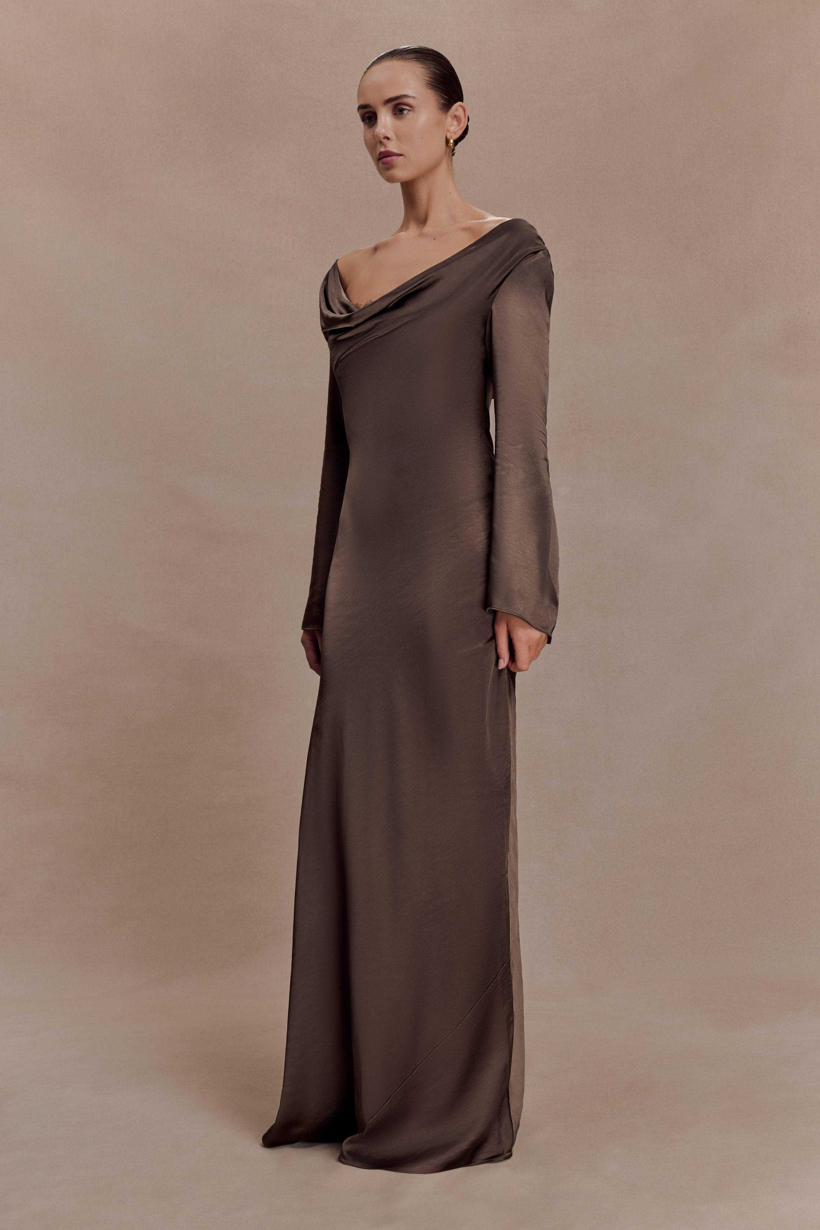Eliza Long Sleeve Cowl Lace And Satin Maxi Dress - Mocha