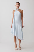 Evelina Halter Asymmetric Hem Midi Dress - Ice Blue