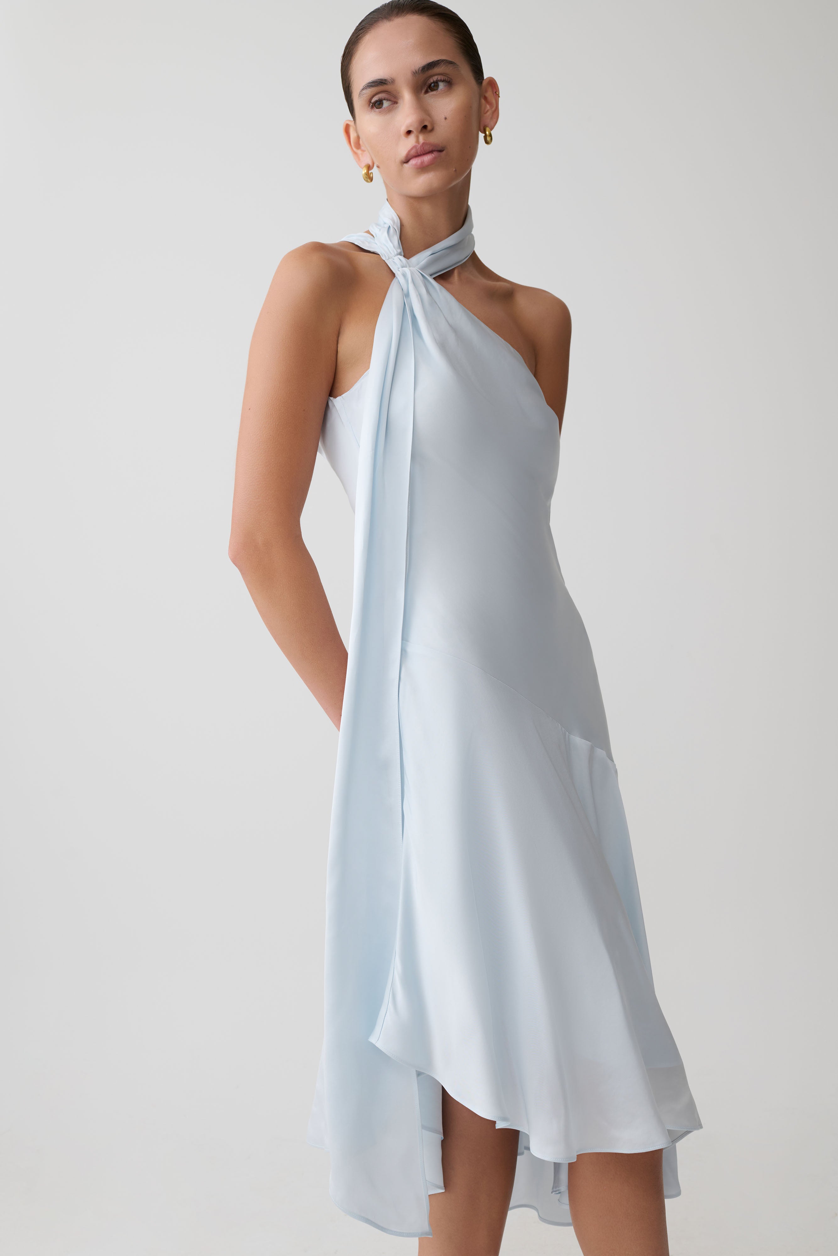 Evelina Halter Asymmetric Hem Midi Dress - Ice Blue