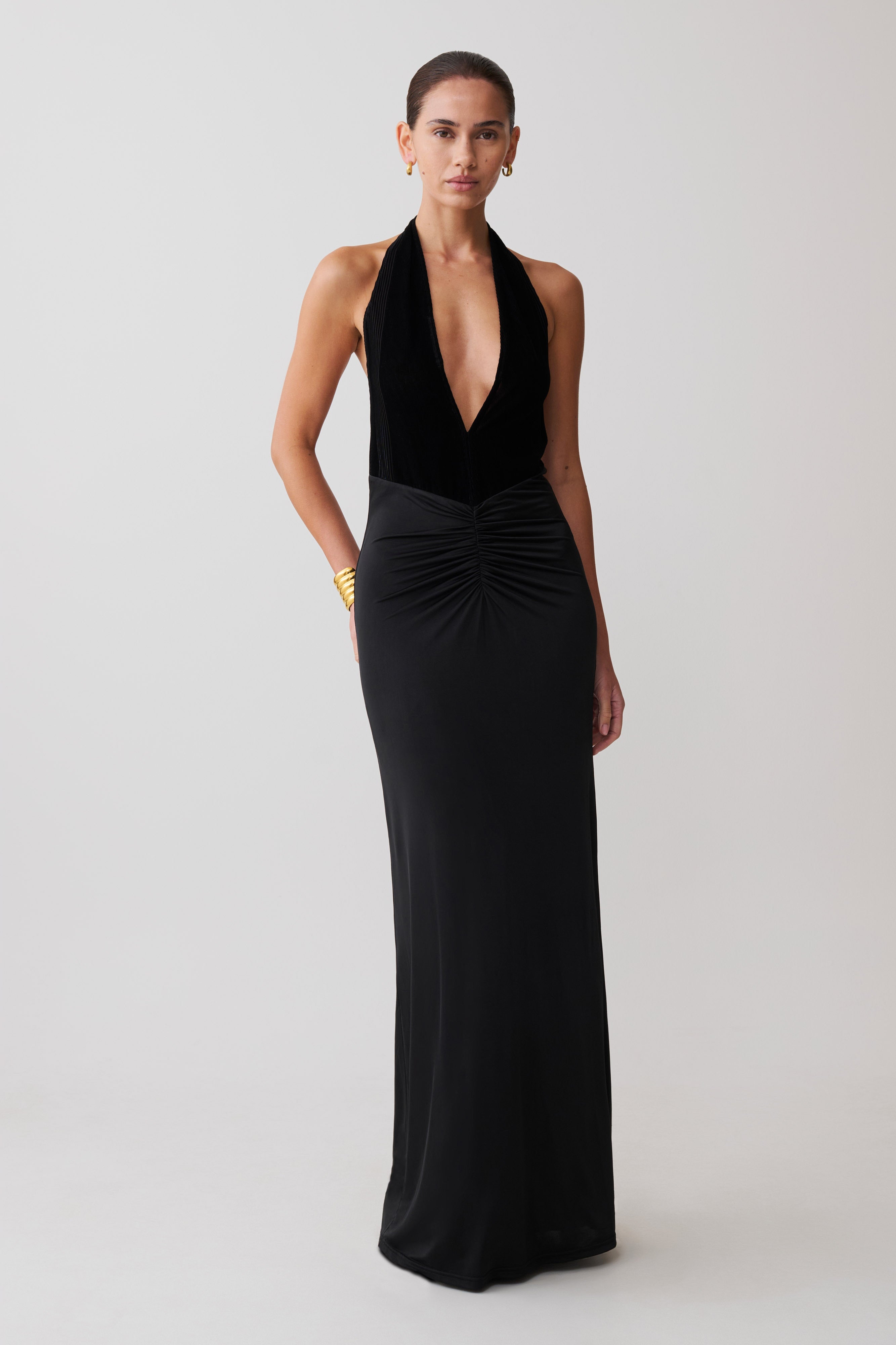 Lien Mesh Velvet Plunge Midi Dress - Black