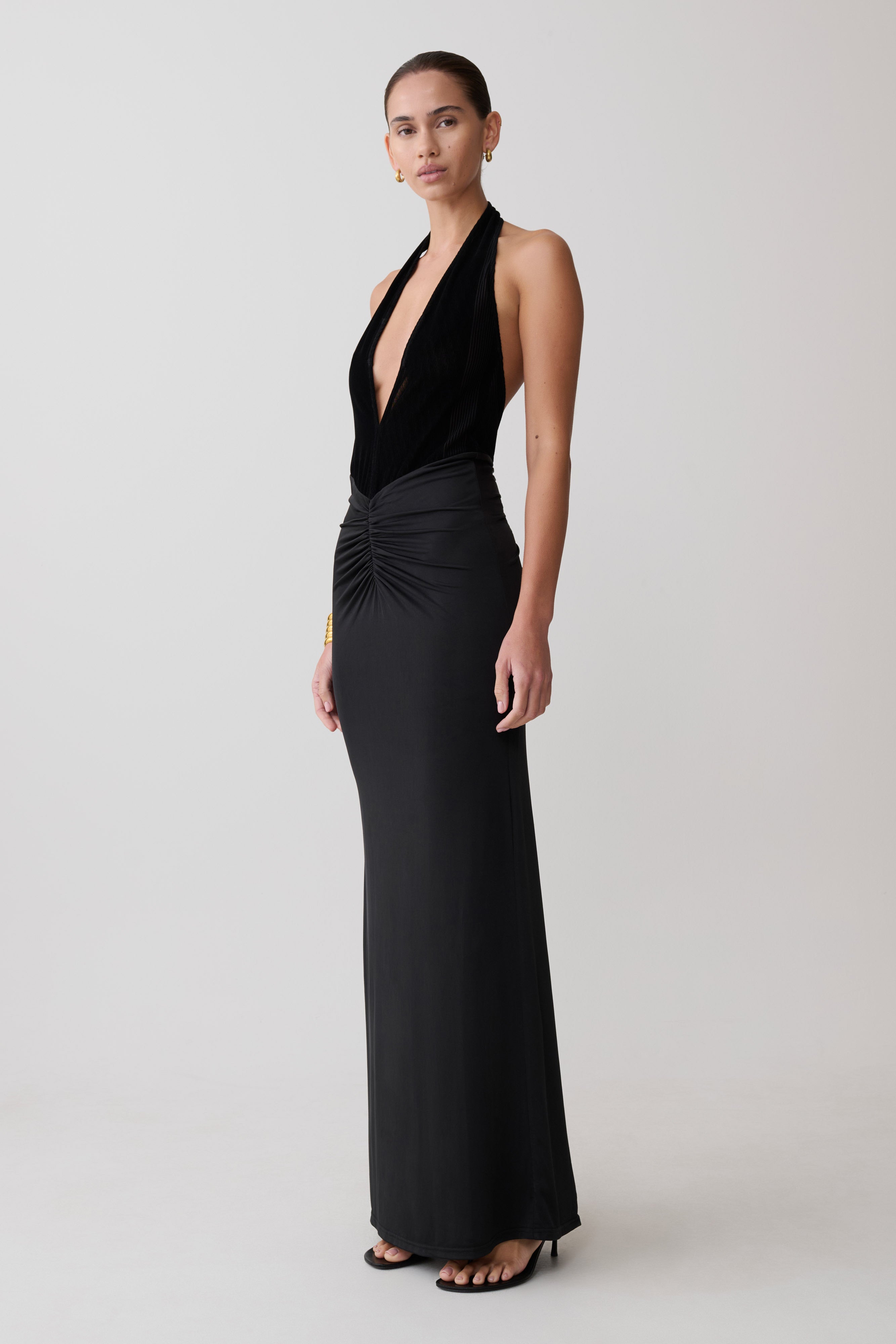 Lien Mesh Velvet Plunge Midi Dress - Black