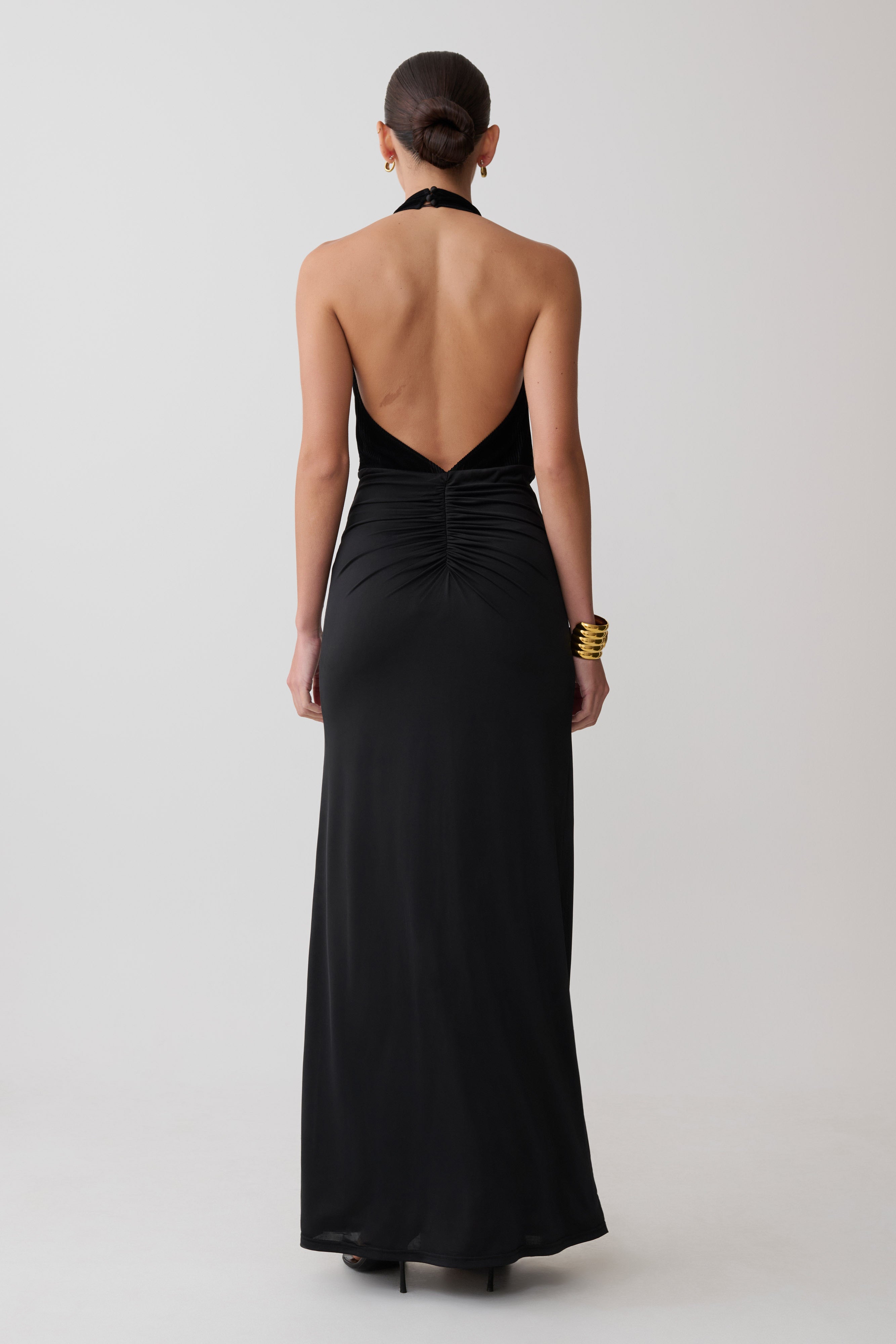 Lien Mesh Velvet Plunge Midi Dress - Black