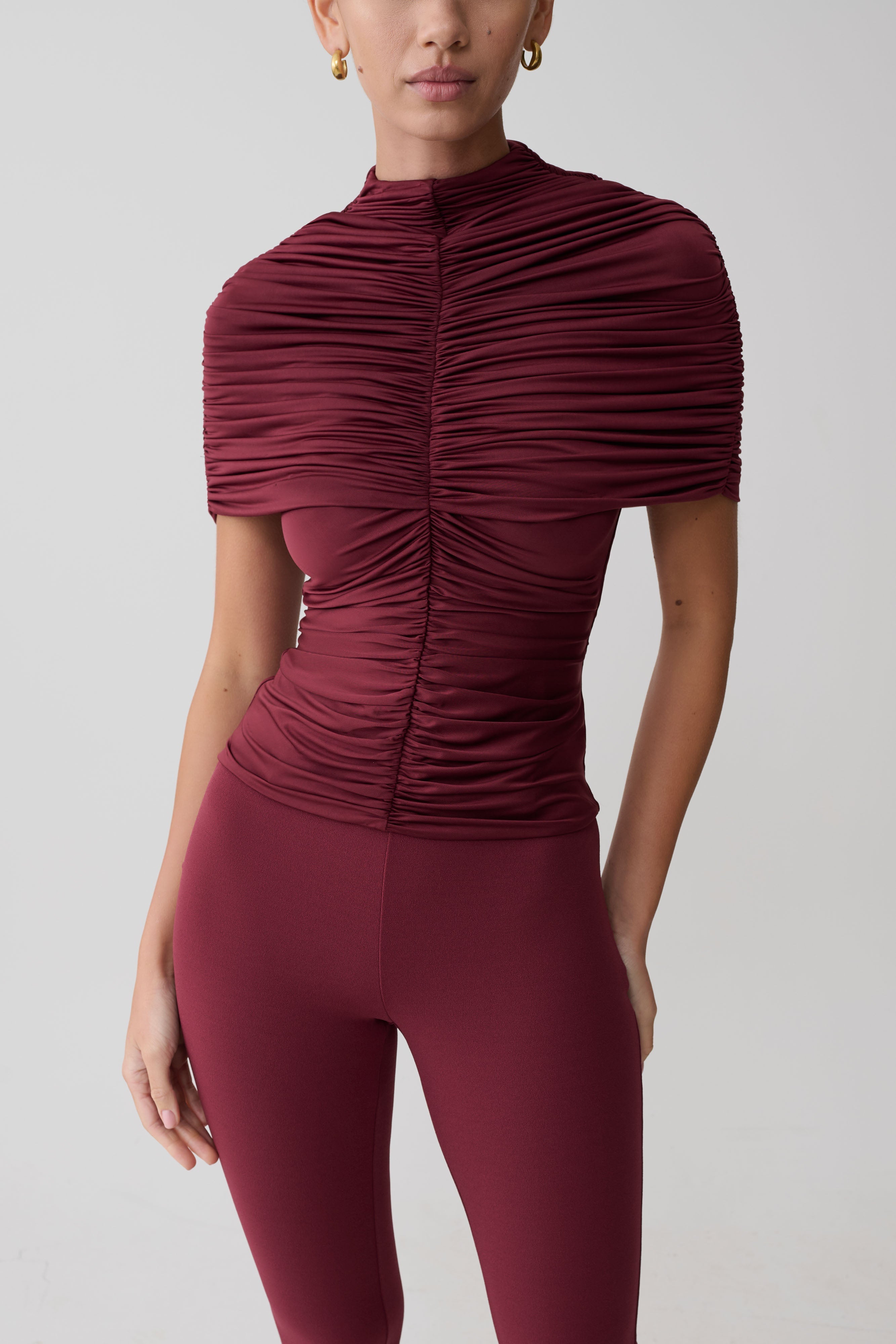 Linh Slinky High Neck Gathered Top - Mahogany