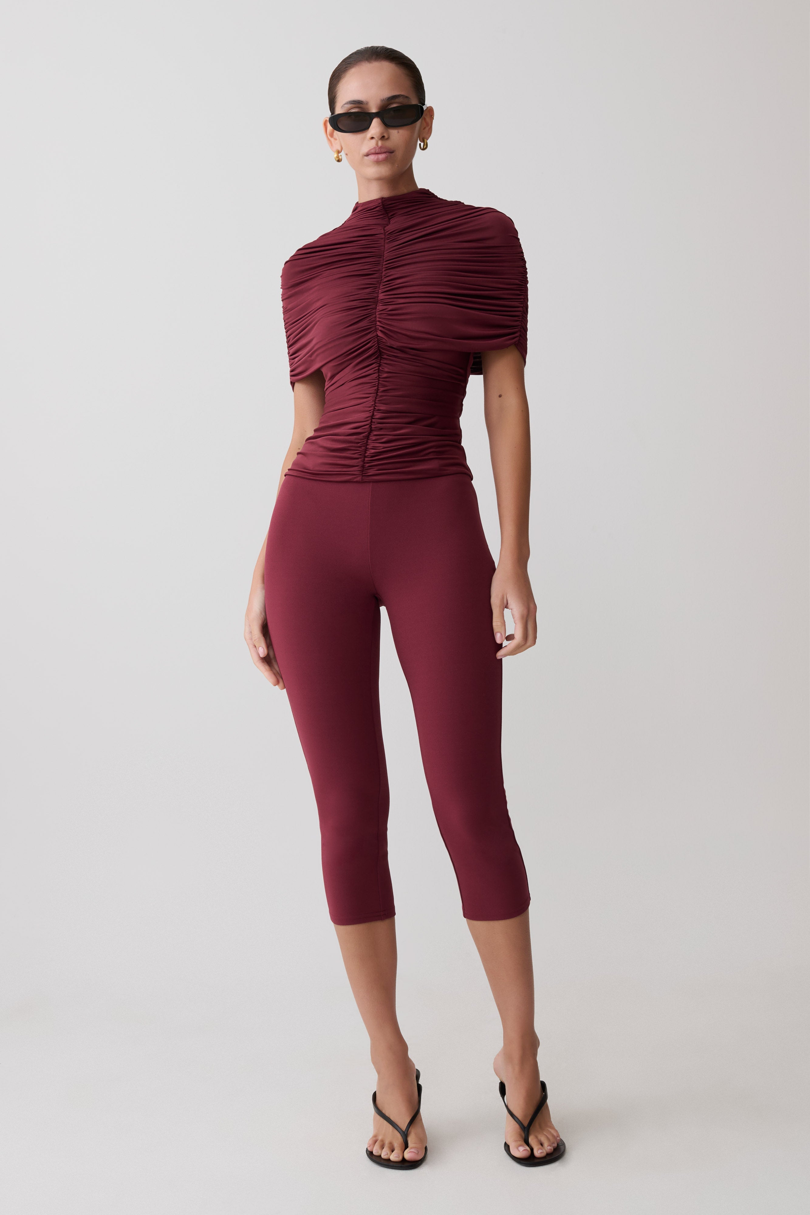 Linh Slinky High Neck Gathered Top - Mahogany