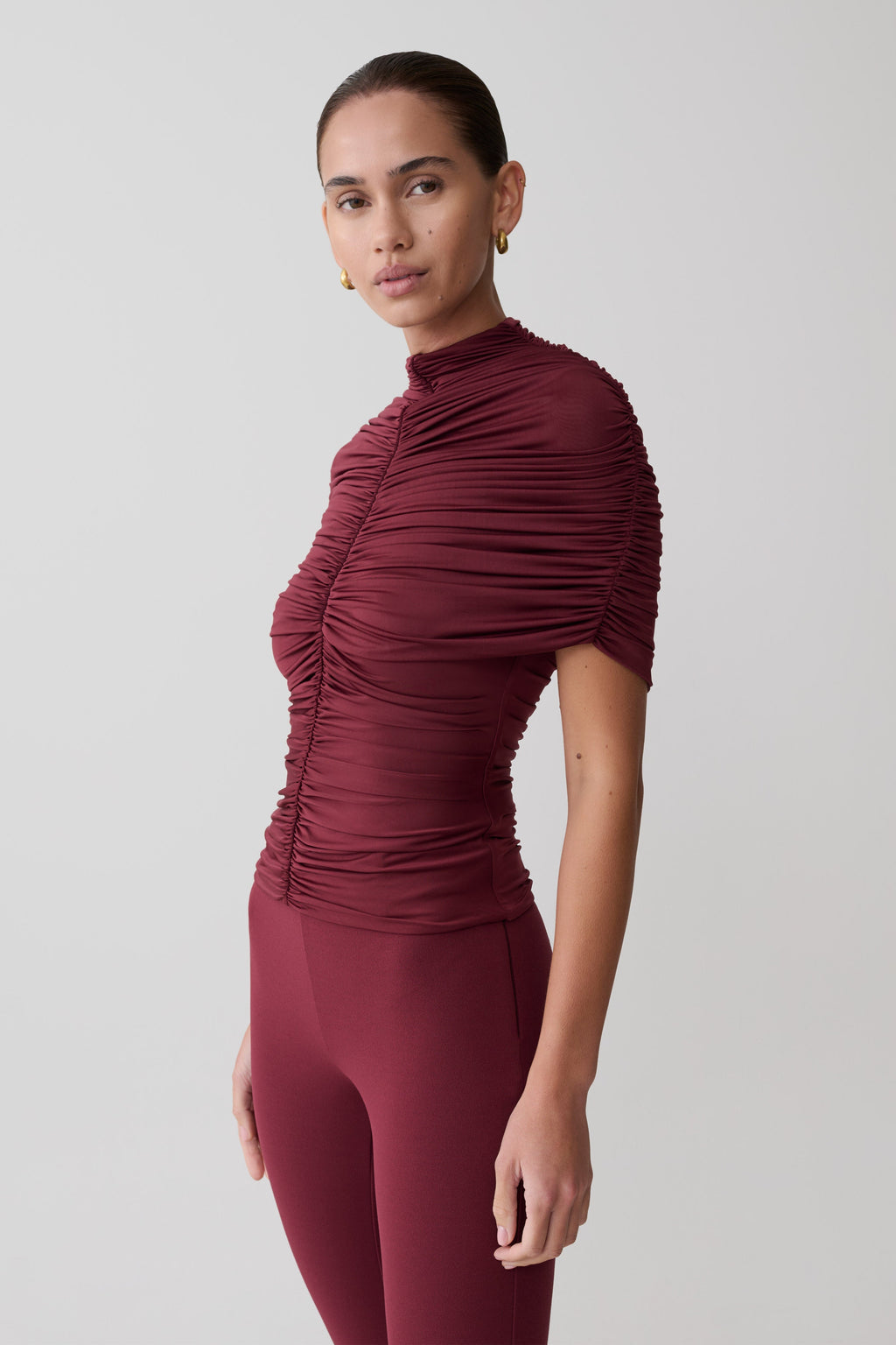Linh Slinky High Neck Gathered Top - Mahogany