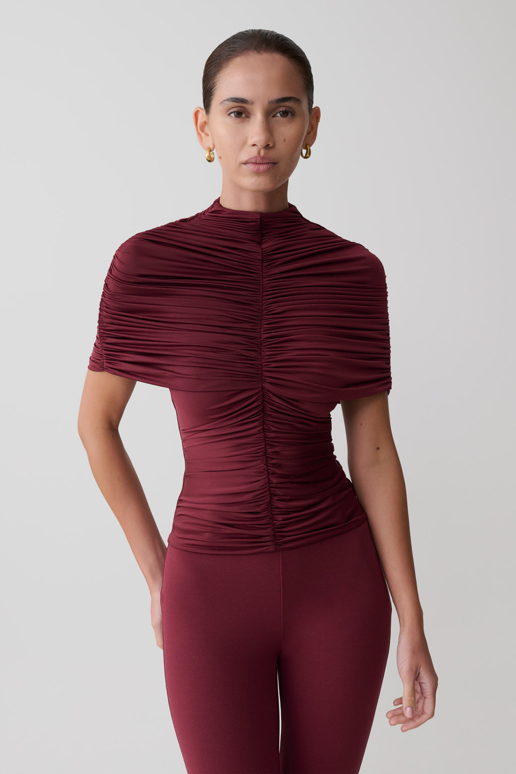 Linh Slinky High Neck Gathered Top - Mahogany
