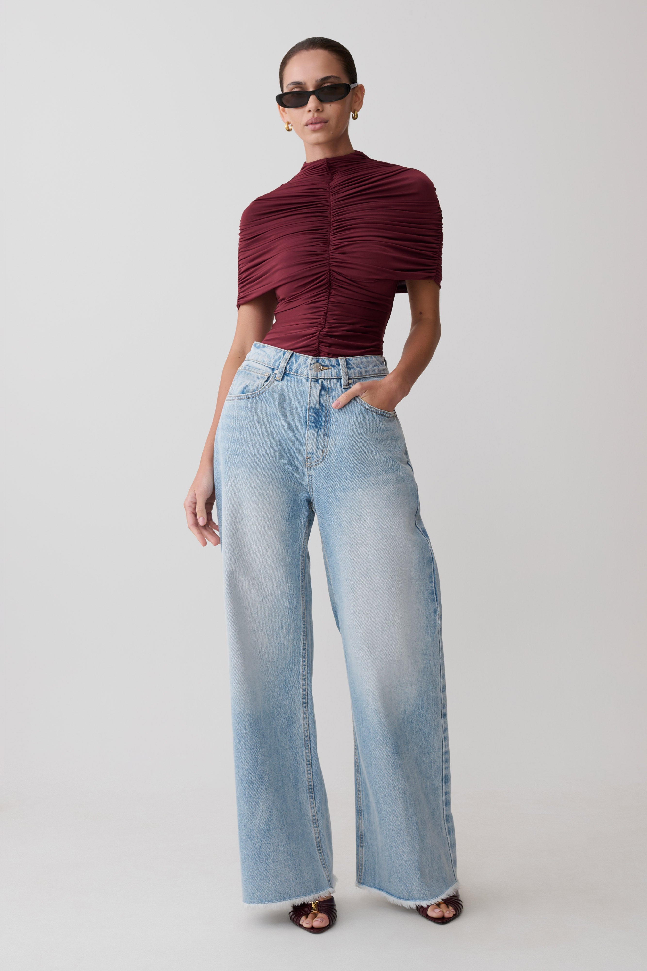 Linh Slinky High Neck Gathered Top - Mahogany